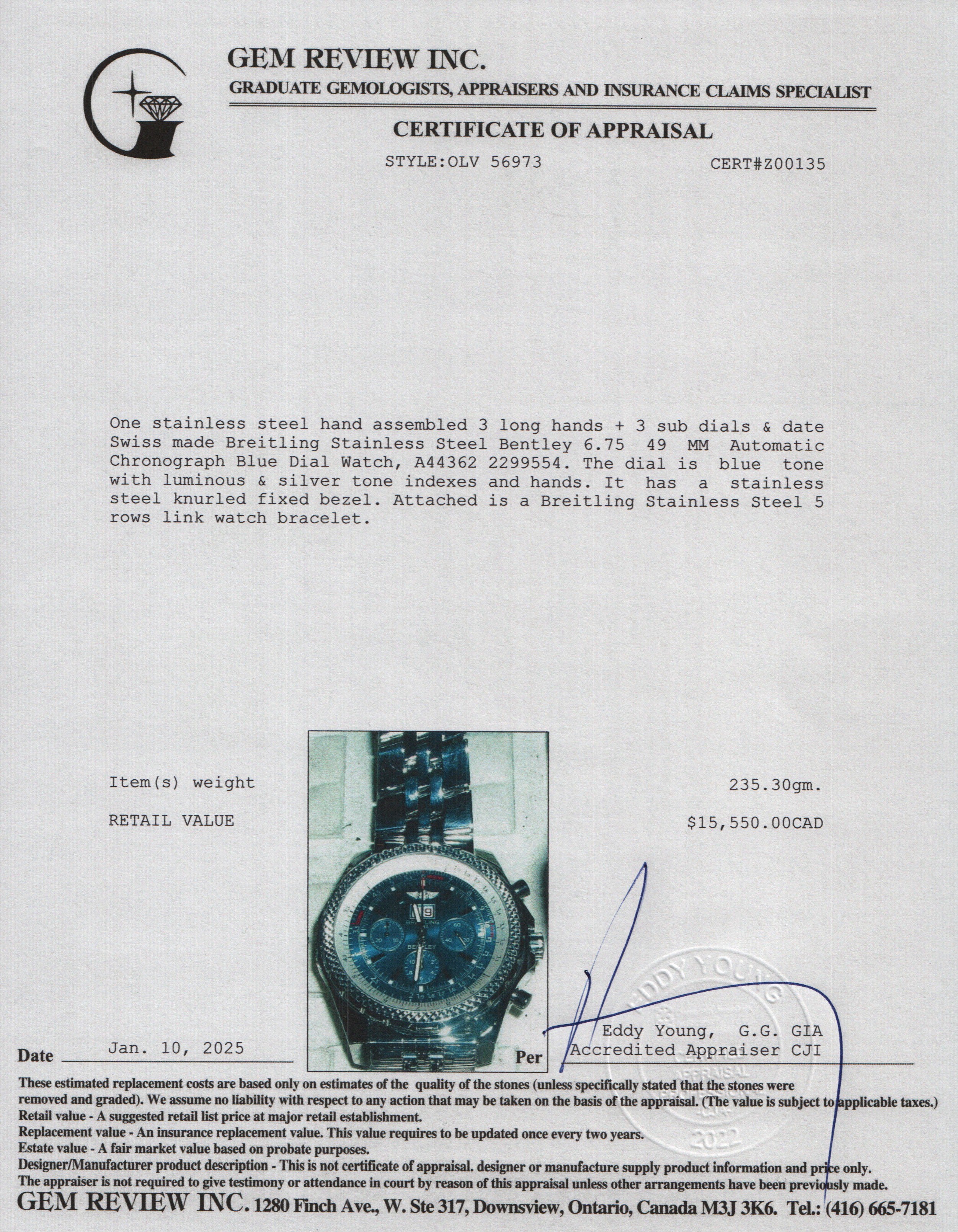 Breitling Stainless Steel Bentley 6.75 49 MM Automatic Chronograph Blue Dial Watch A44362 w/ Box & Papers