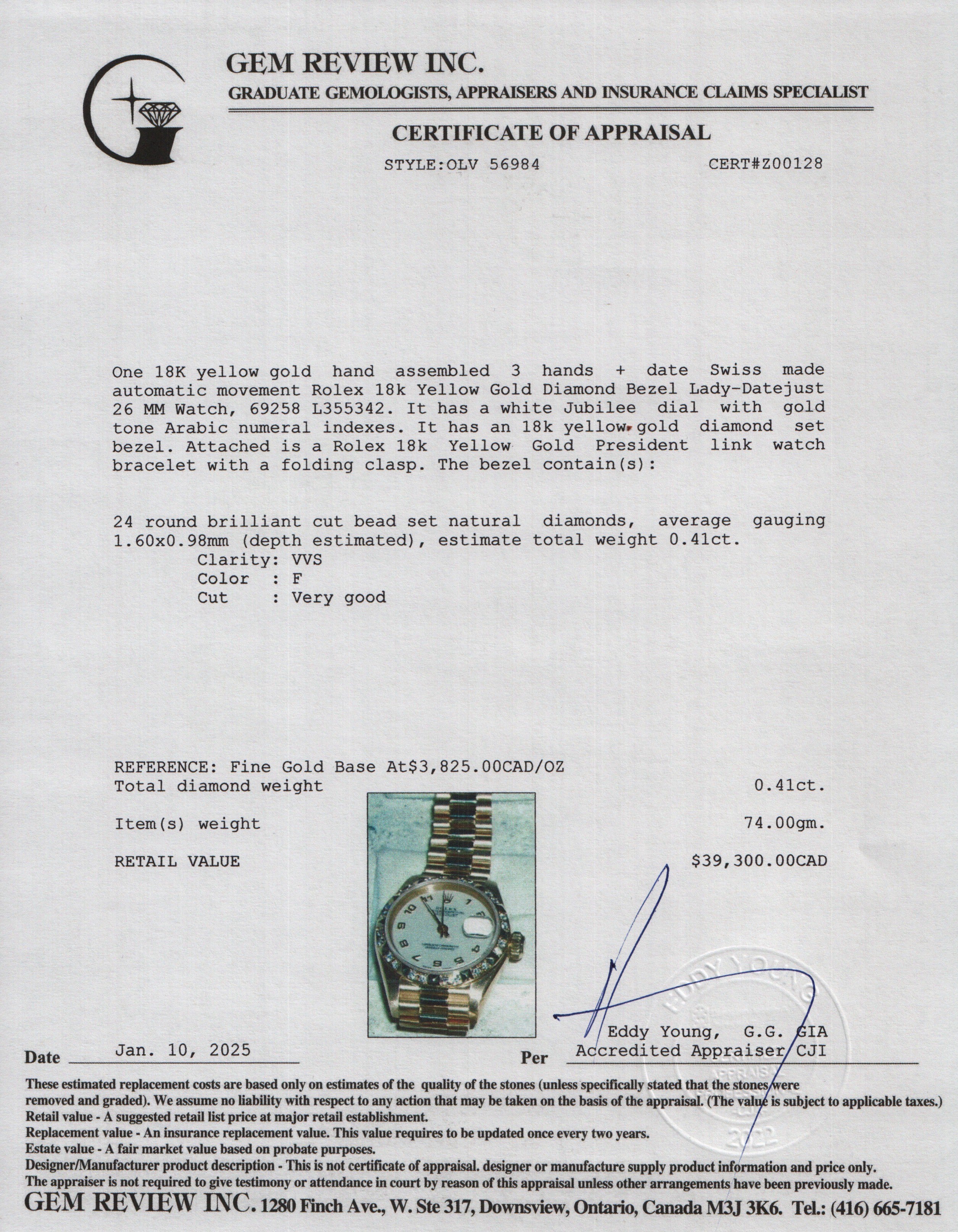 Rolex 18k Yellow Gold Diamond Bezel Lady-Datejust 26 MM Watch 69258 w/ Box