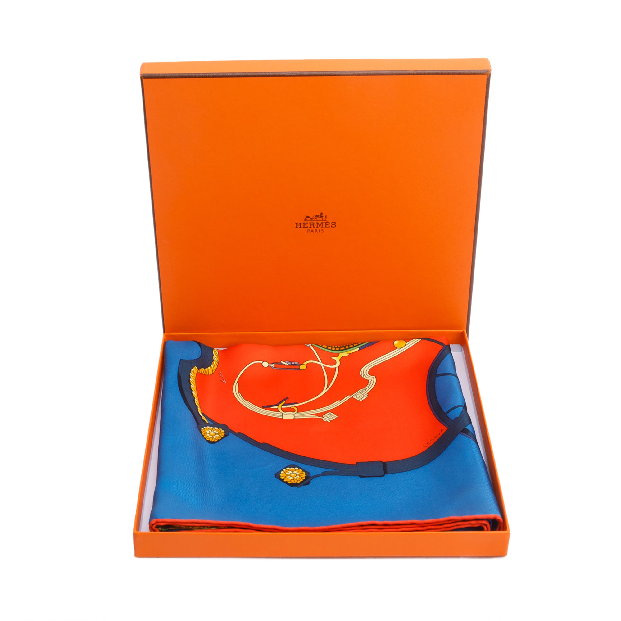 Hermes Cobalt Vermillo 'Springs' Silk Scarf 90 w/ Box & Receipt