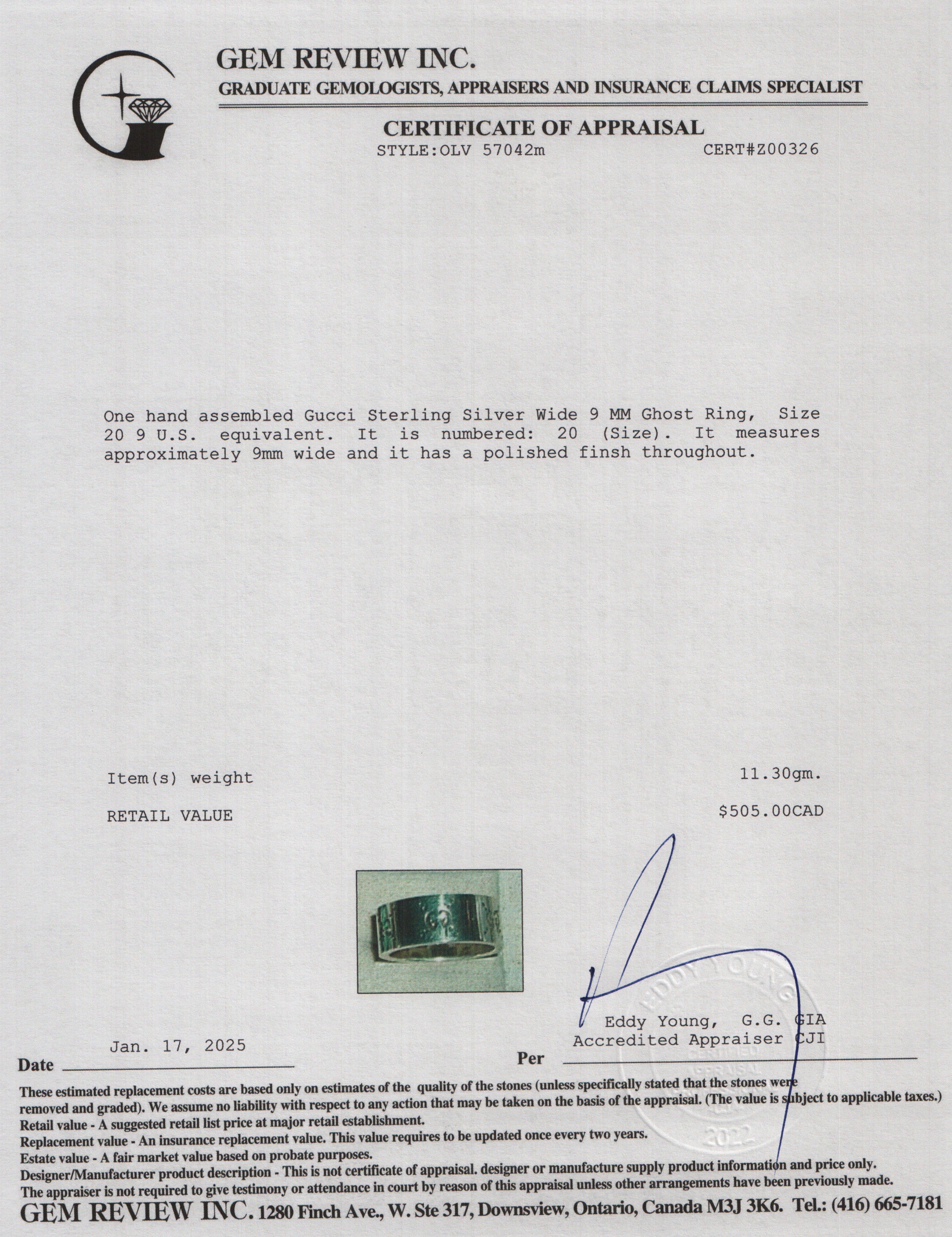 Gucci Sterling Silver Wide 9 MM Ghost Ring, Size 20 9 w/ Box