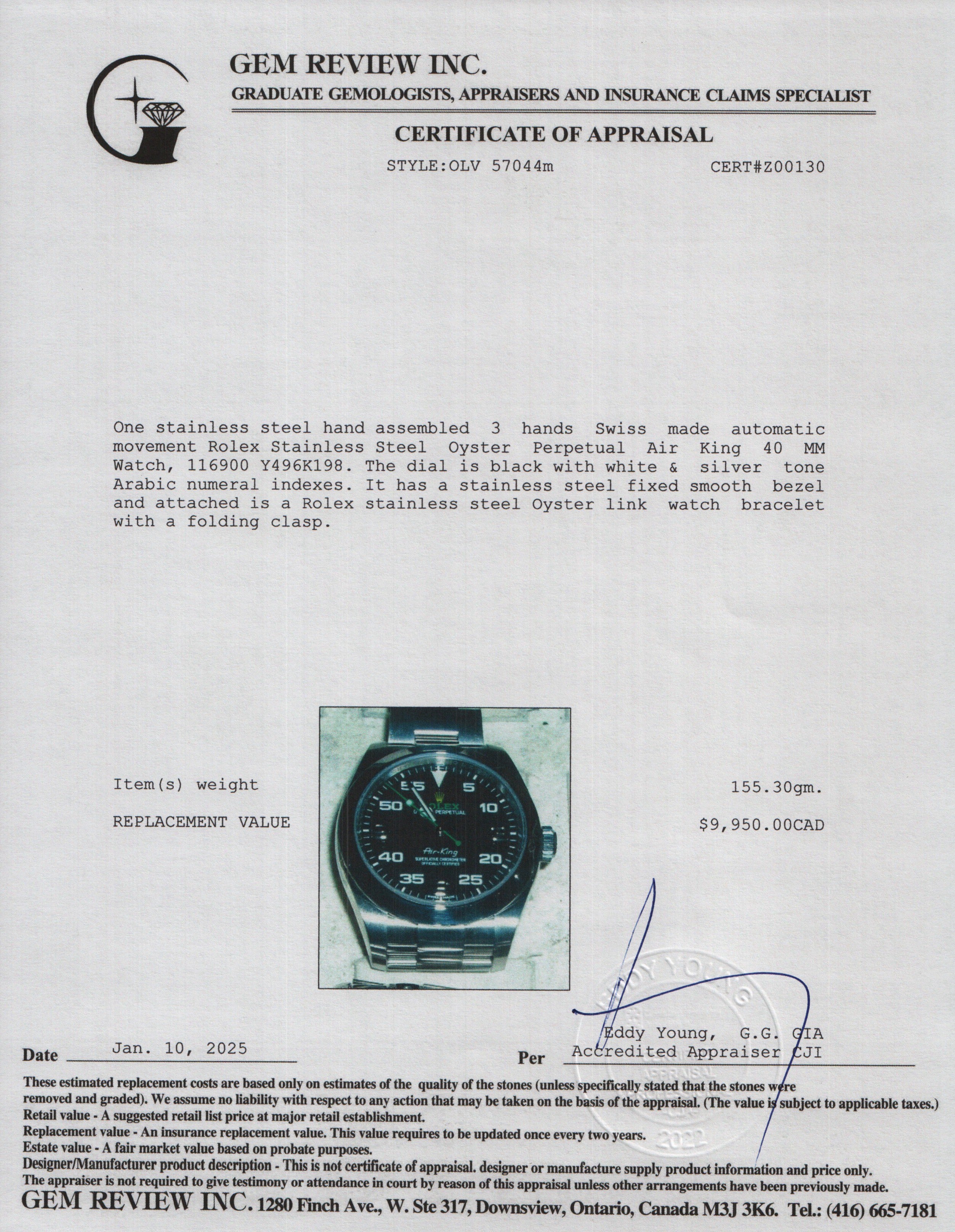 Rolex Stainless Steel Oyster Perpetual Air King 40 MM Watch 116900 w/ Box & Papers