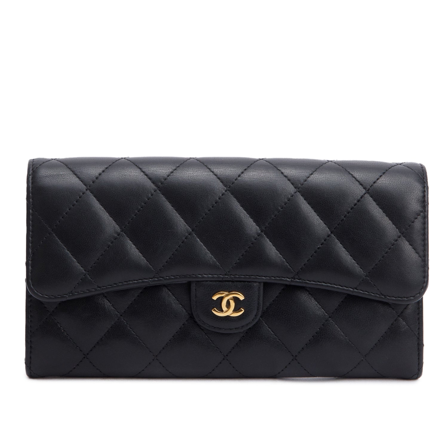 Chanel Black Lambskin Leather Classic Long Flap Wallet w/ Authenticity Card