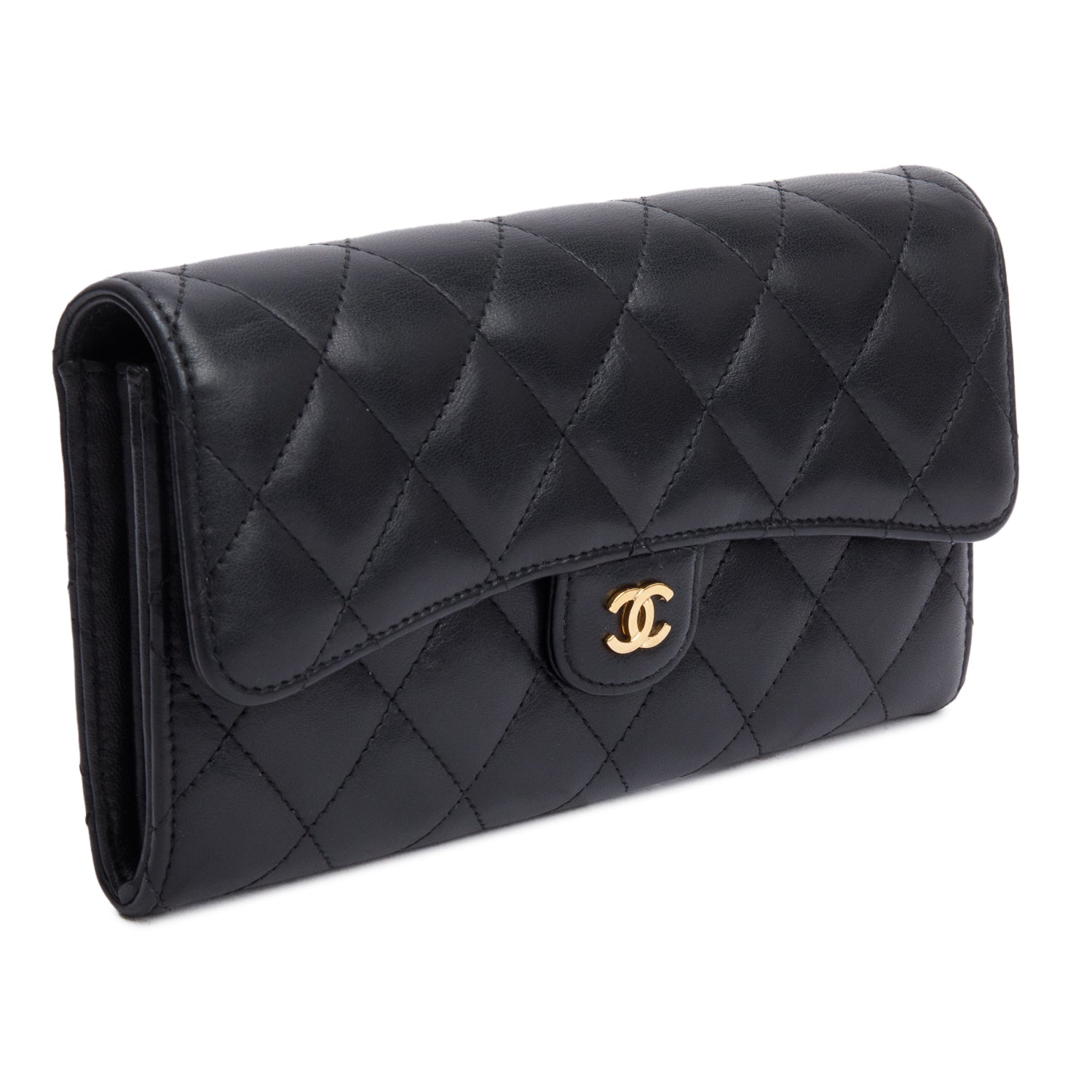 Chanel Black Lambskin Leather Classic Long Flap Wallet w/ Authenticity Card