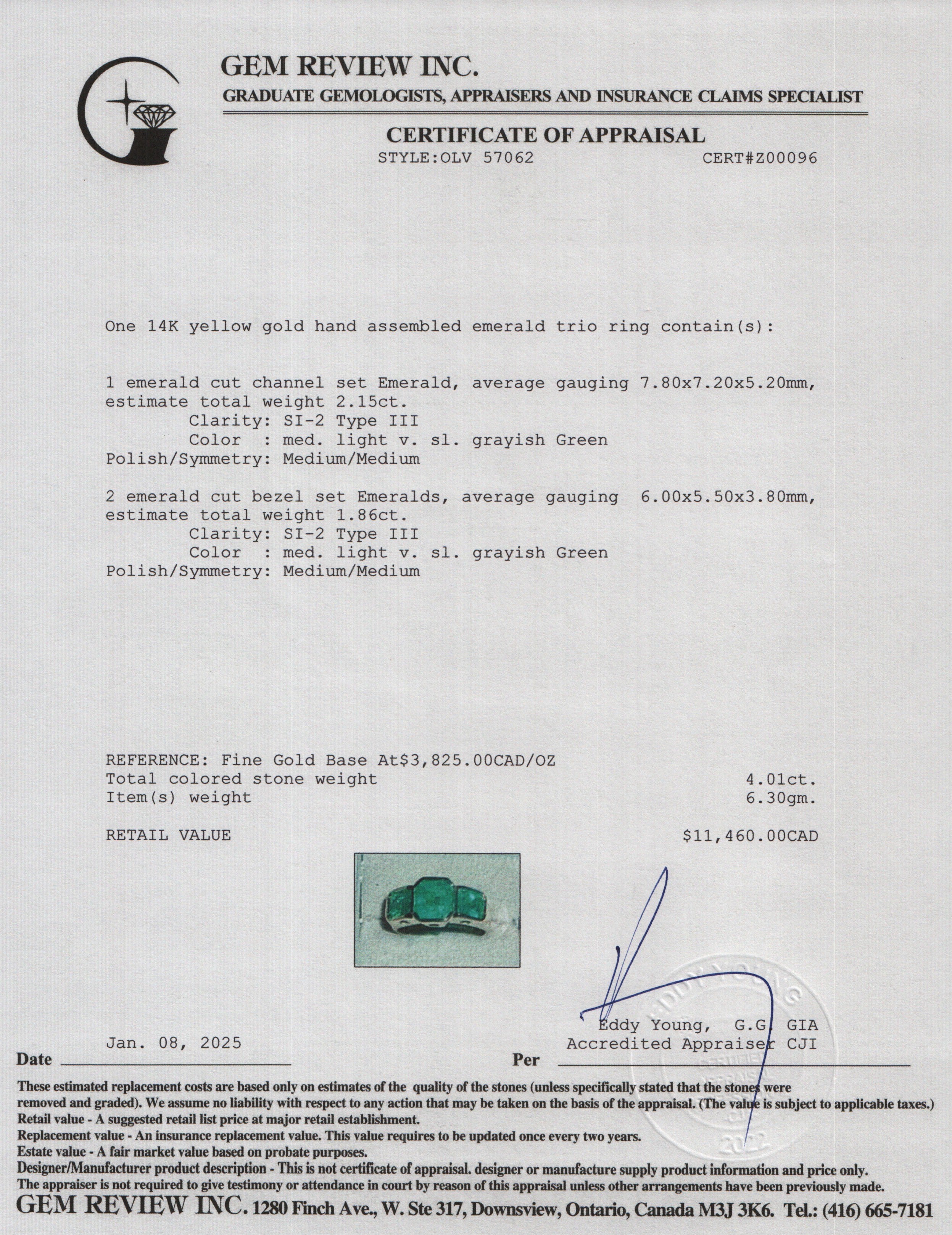 14k Yellow Gold Emerald Three-Stone Ring, Size 7.25