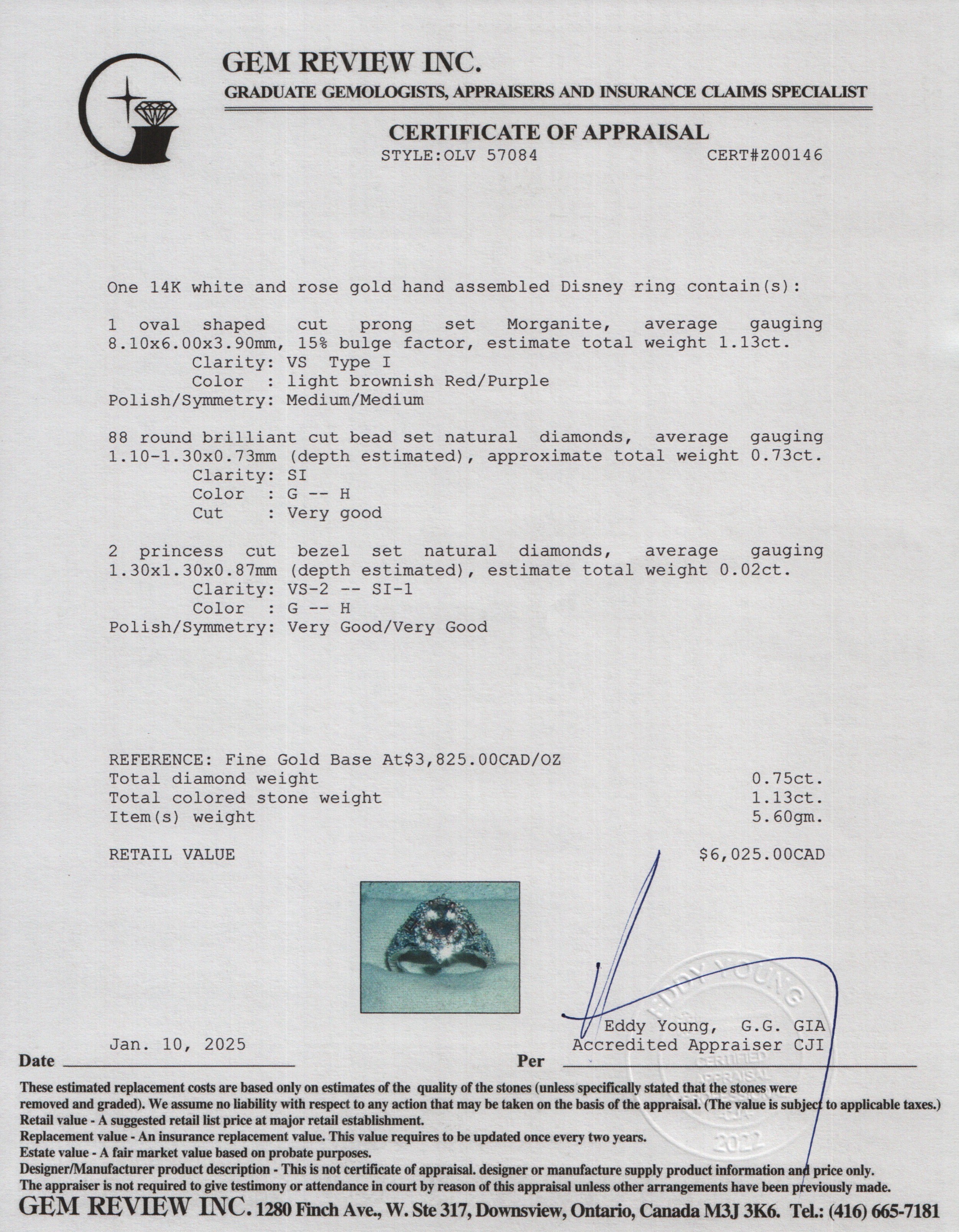 Disney 14k White & Rose Gold Morganite & Diamond Ring, Size 7