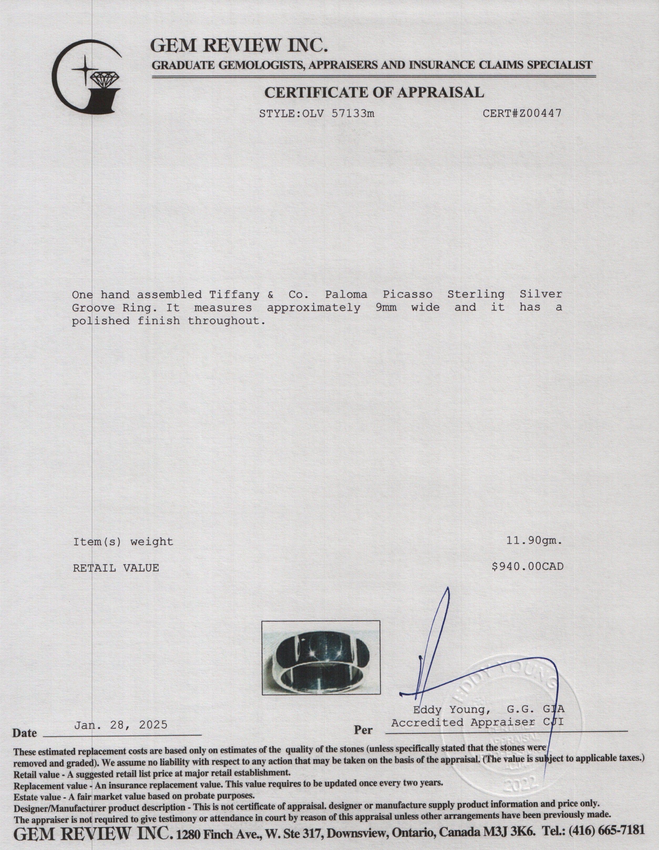 Tiffany & Co. Paloma Picasso Sterling Silver Groove Ring, Size 9