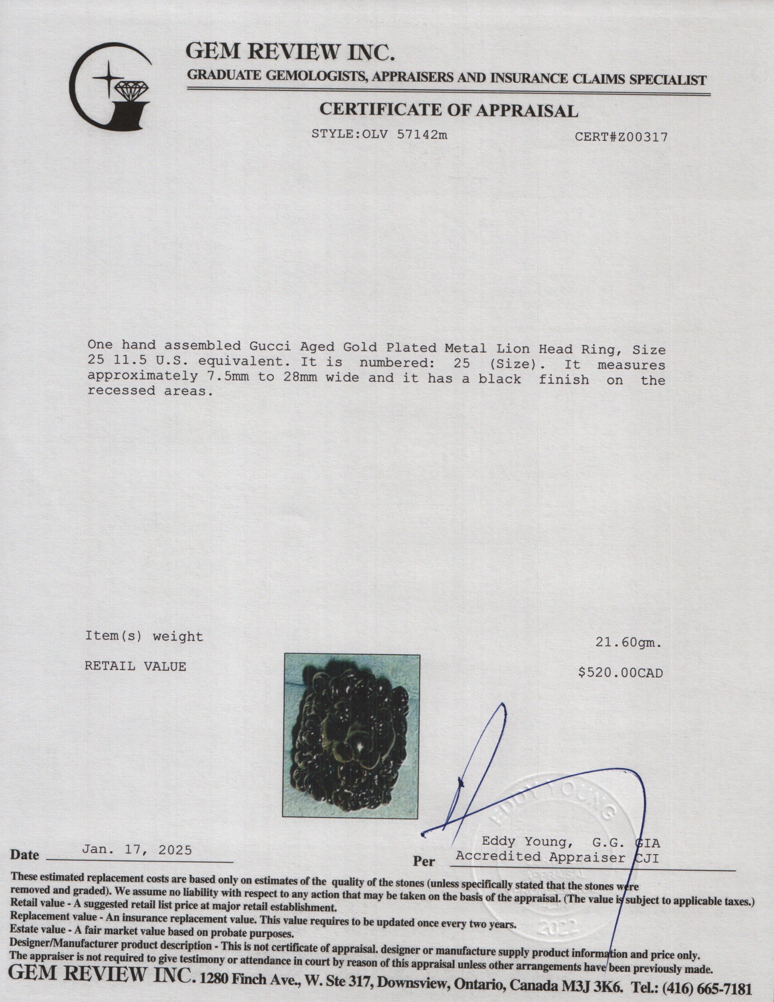 Gucci Aged Gold Plated Metal Lion Head Ring, Size 25 11.5