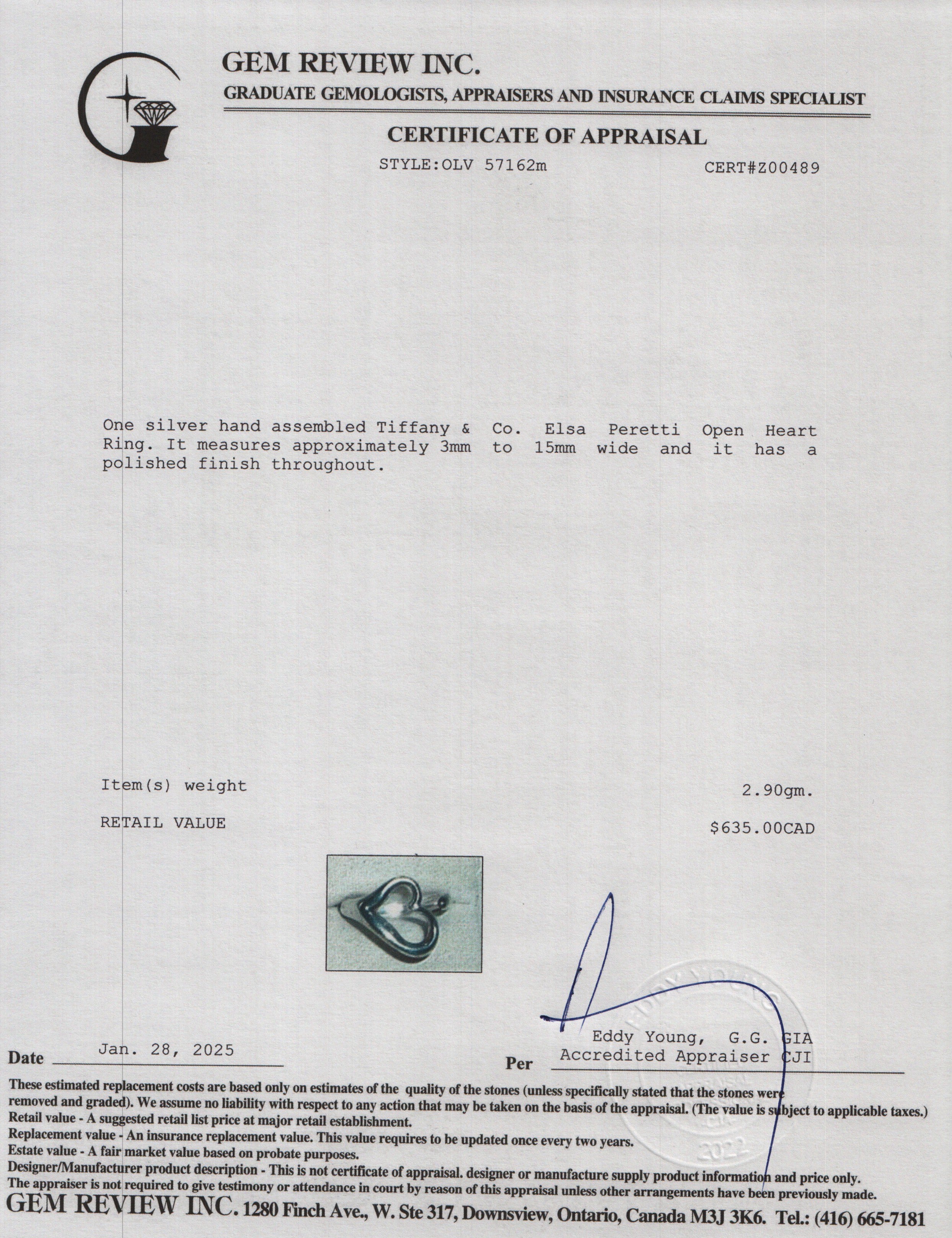 Tiffany & Co. Elsa Peretti Sterling Silver Open Heart Ring, Size 5.5