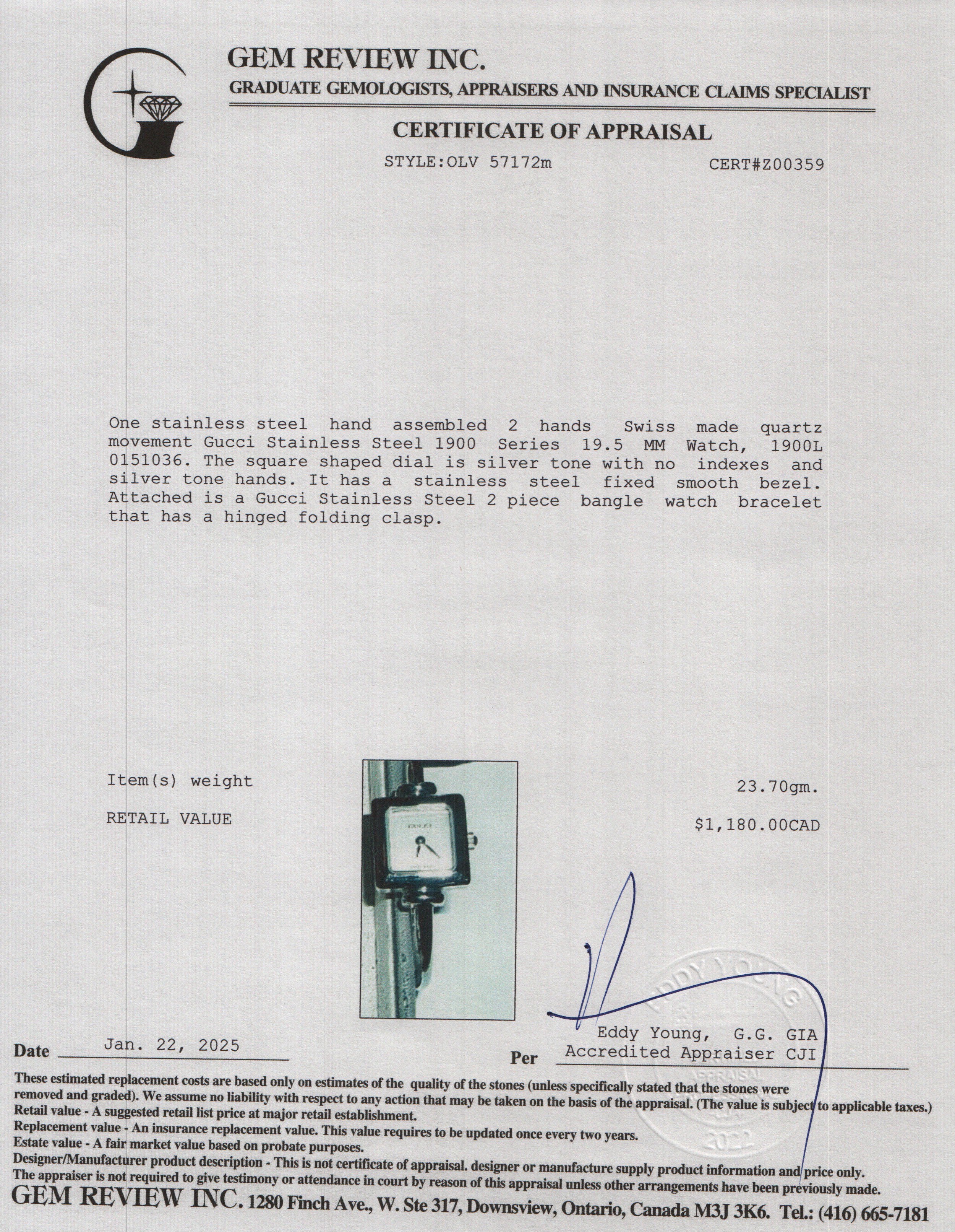 Gucci Stainless Steel 1900 Series 19.5 MM Watch