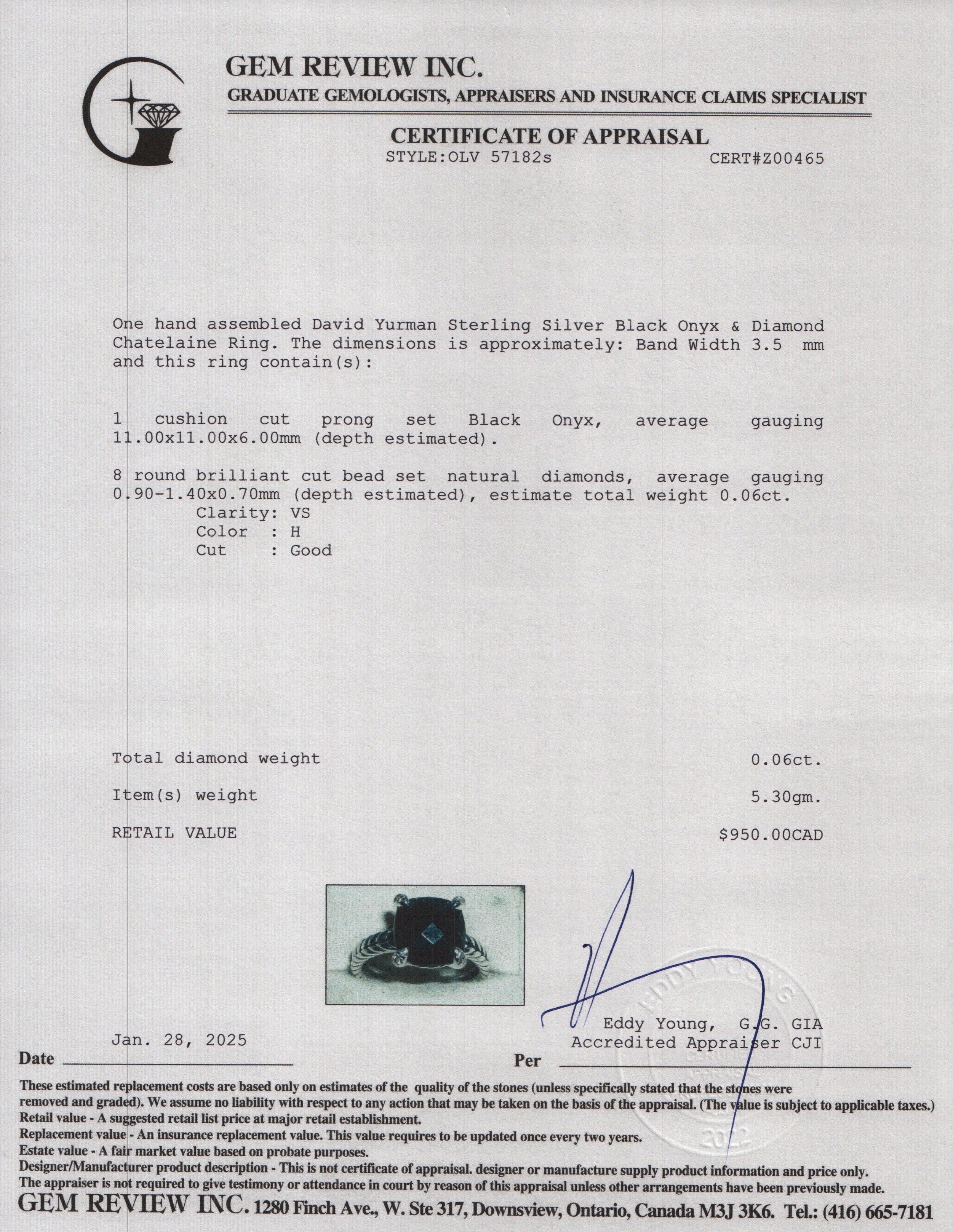 David Yurman Sterling Silver Black Onyx & Diamond Chatelaine Ring, Size 8 w/ Box