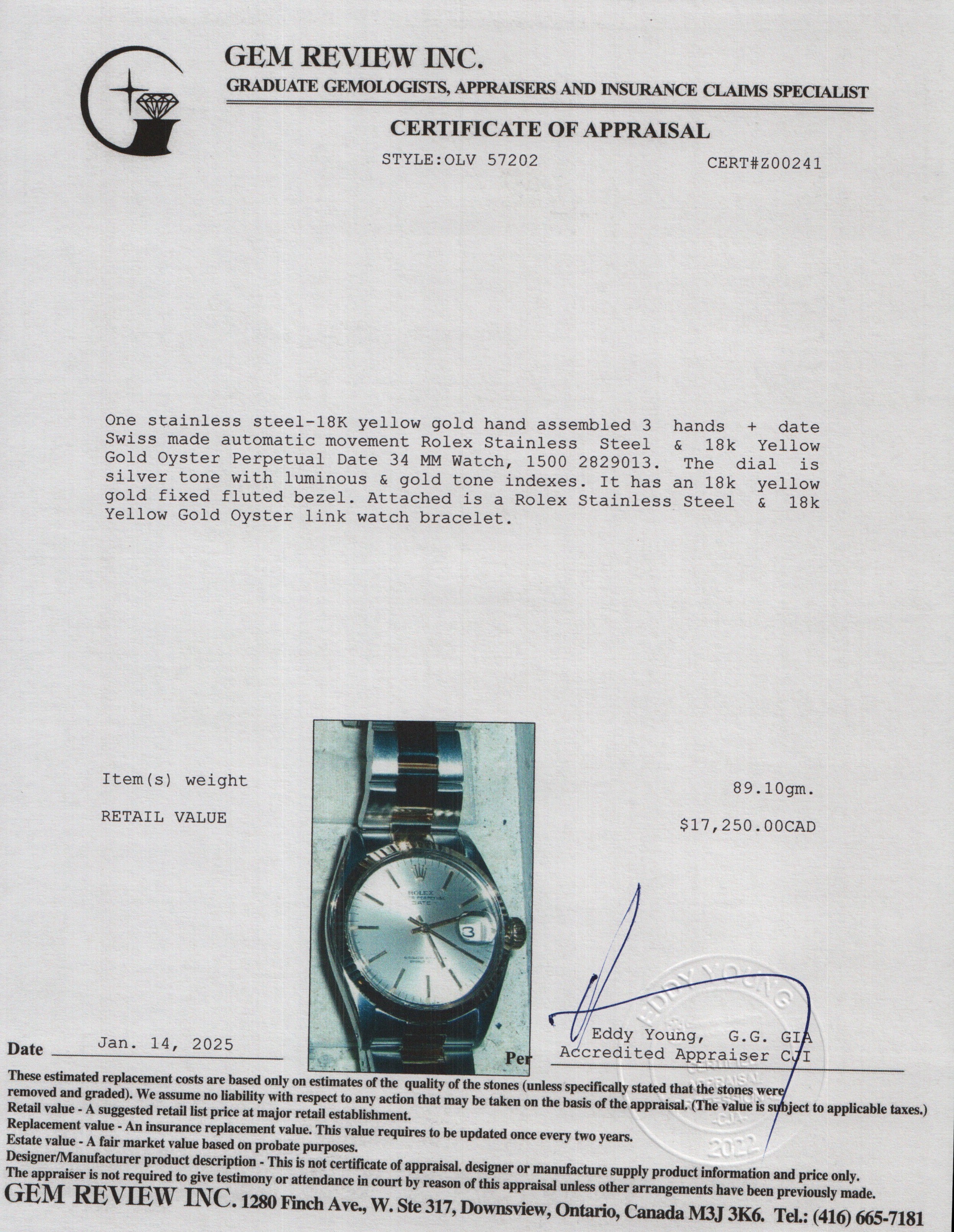 Rolex Stainless Steel & 18k Yellow Gold Oyster Perpetual Date 34 MM Watch Silver Dial 1500