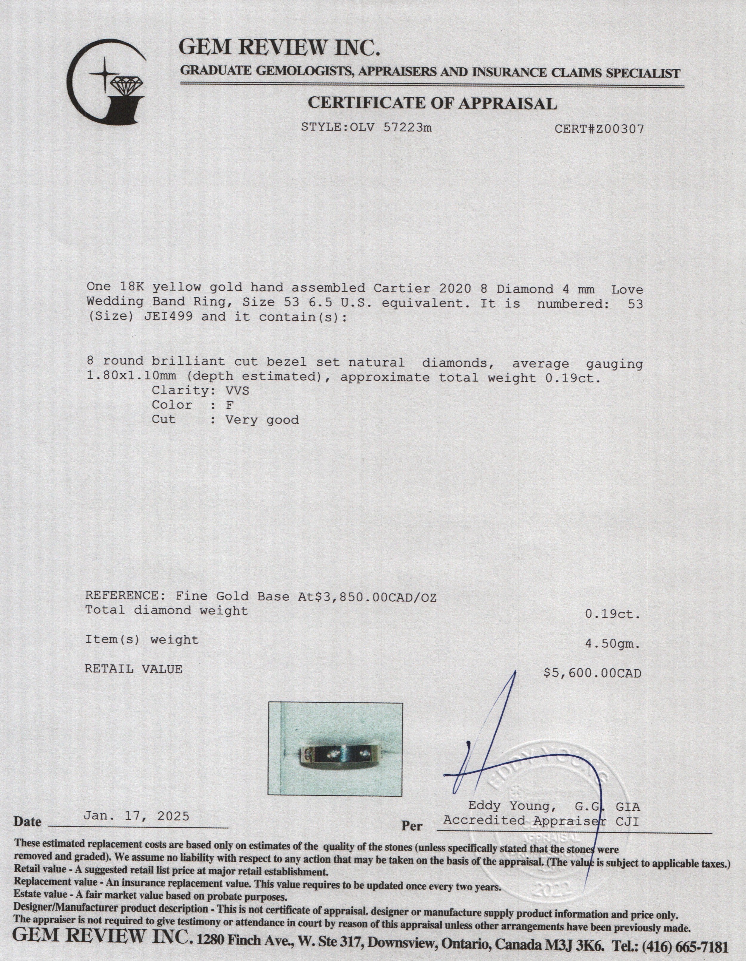 Cartier 2020 18k Yellow Gold 8 Diamond 4 mm Love Wedding Band Ring, Size 53 6.5 w/ Box & Certificate