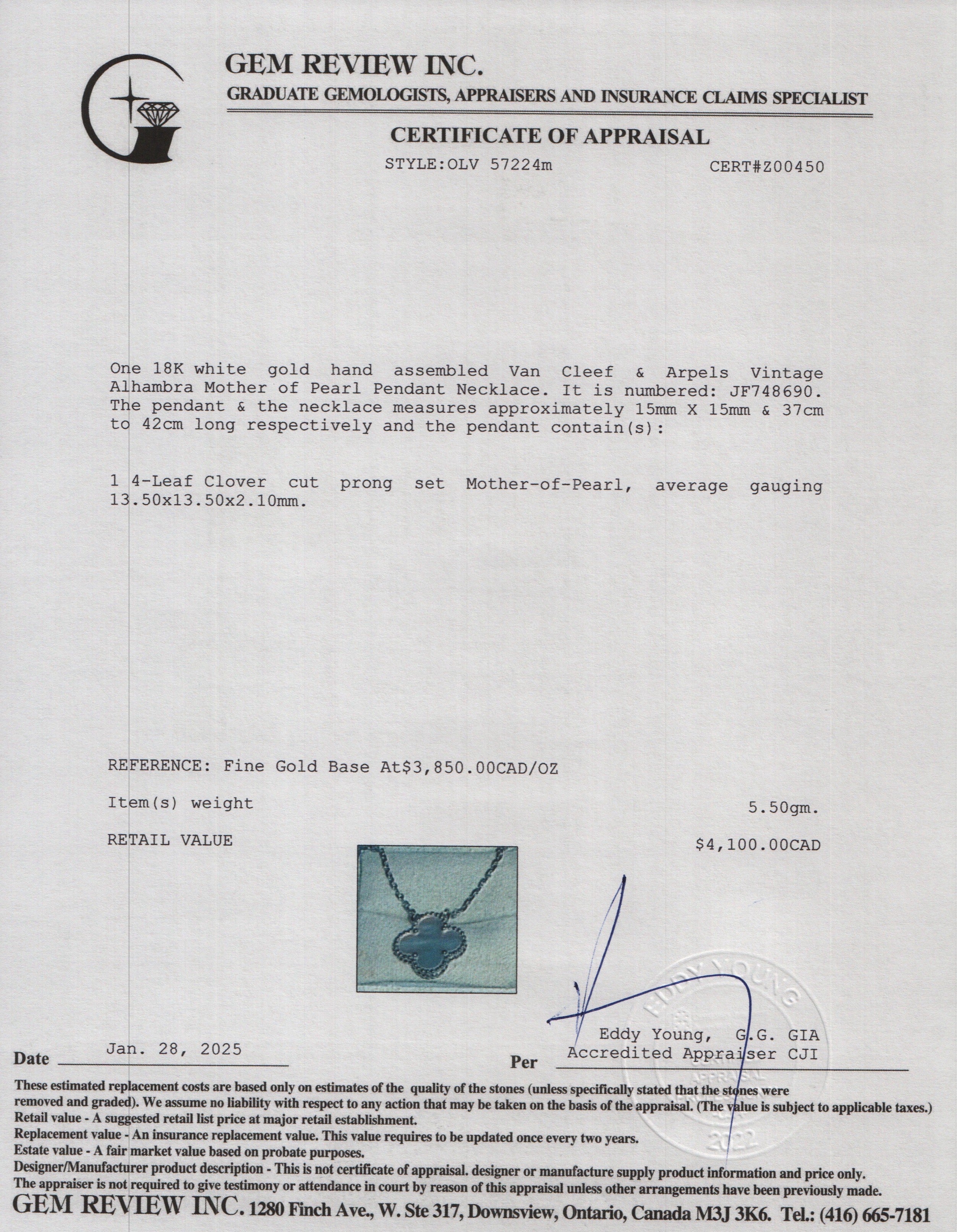 Van Cleef & Arpels 2023 18k White Gold Vintage Alhambra Mother of Pearl Pendant Necklace w/ Box, Receipt & Certificate