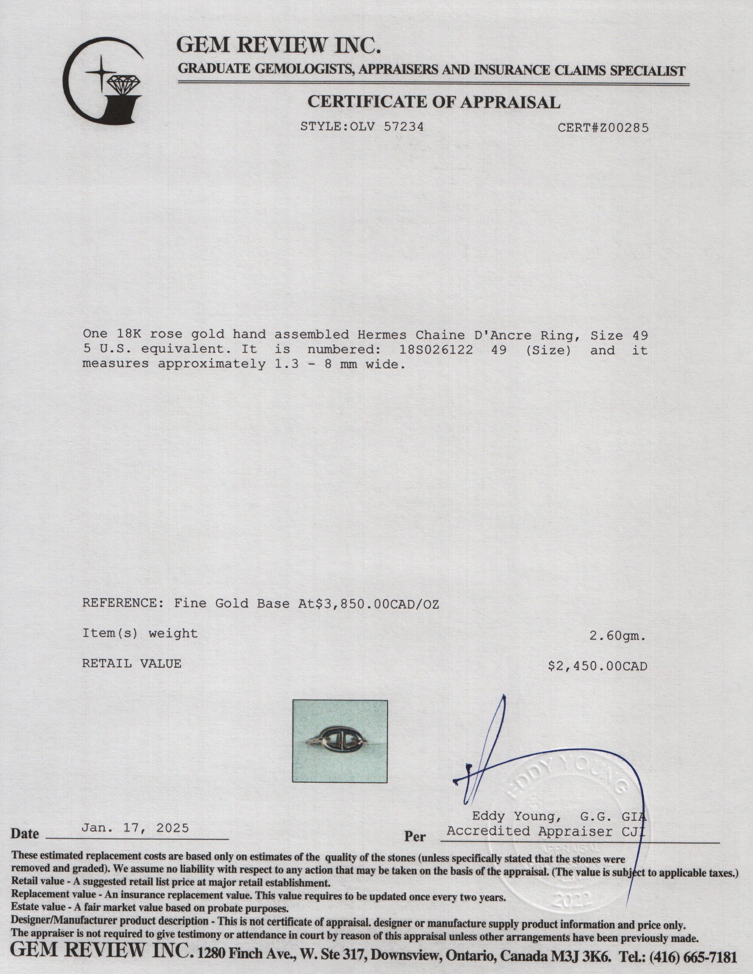 Hermes 18k Rose Gold Chaine D'Ancre Ring, Size 49 5