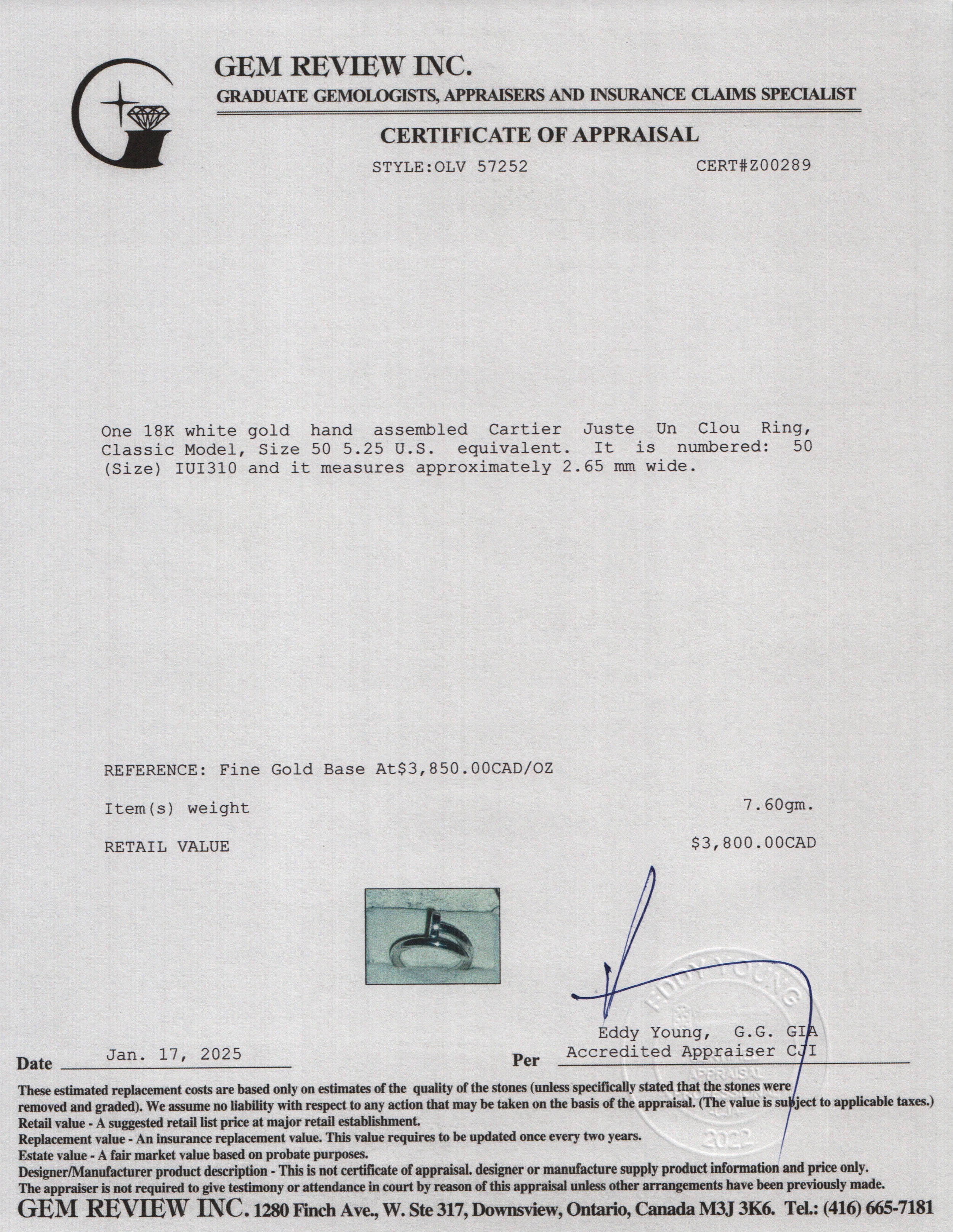 Cartier 18k White Gold Juste Un Clou Ring, Classic Model, Size 50 5.25