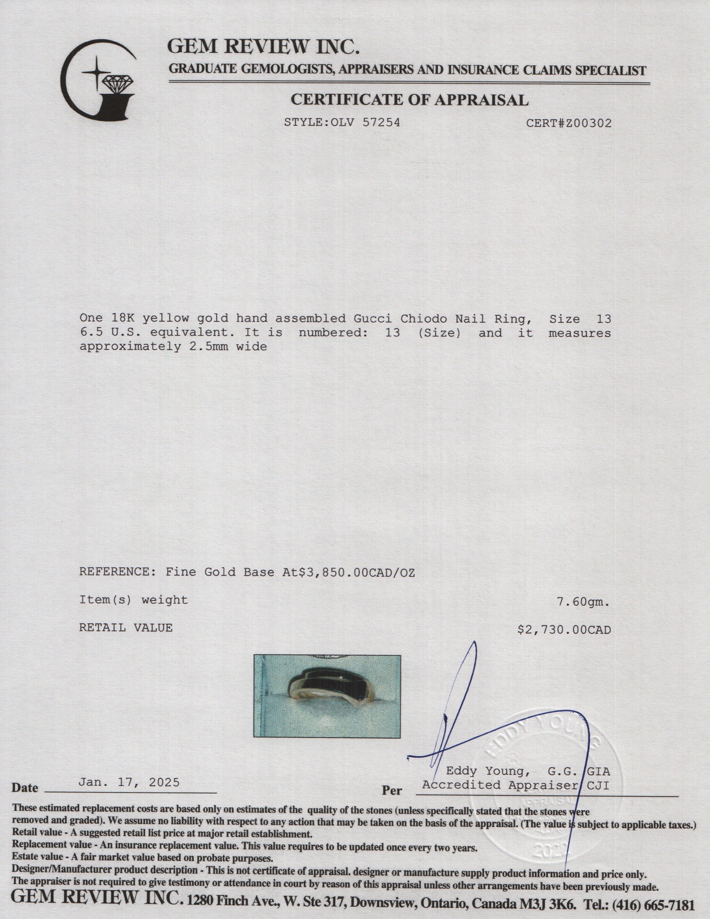 Gucci 18k Yellow Gold Chiodo Nail Ring, Size 13 6.5