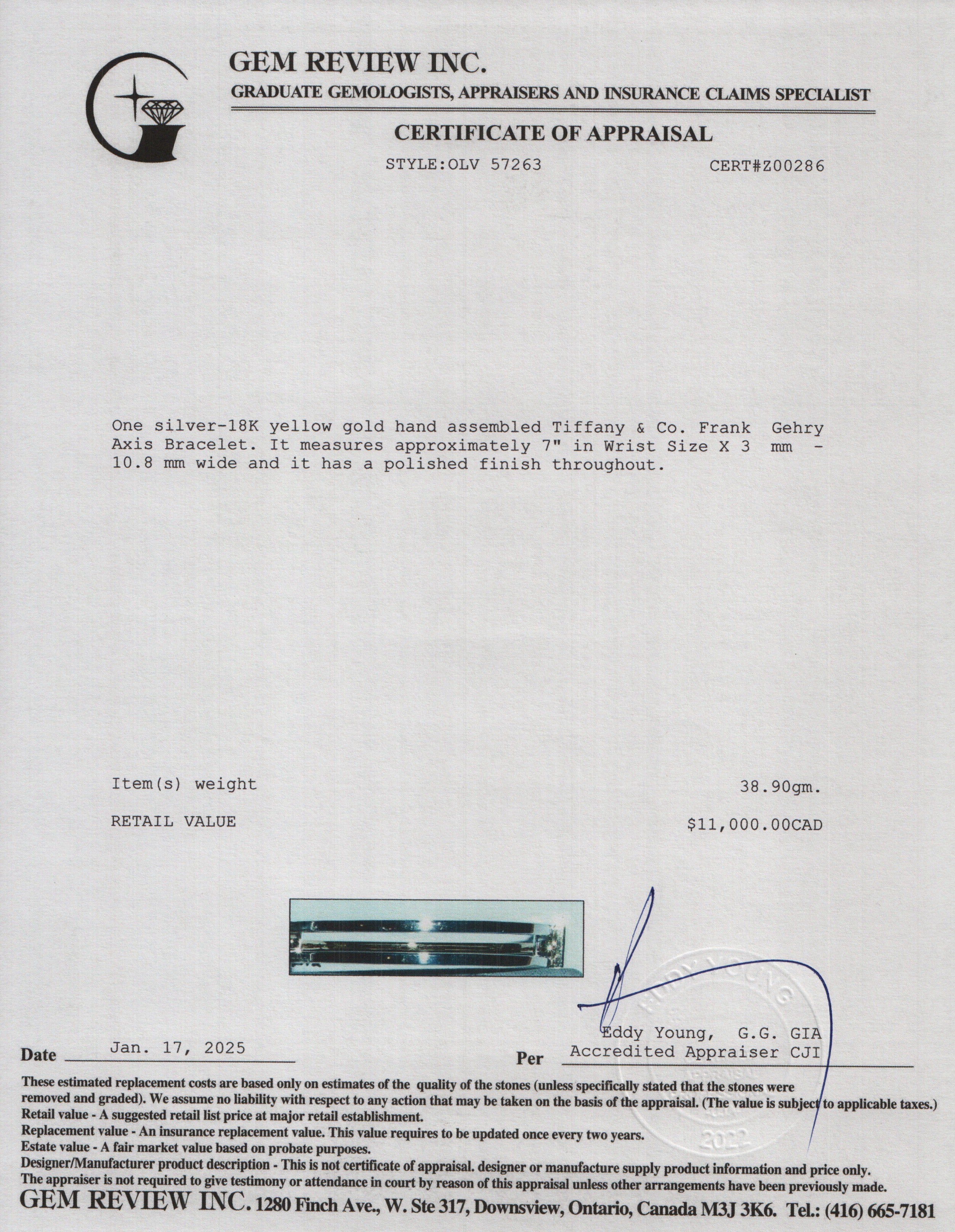 Tiffany & Co. Frank Gehry Sterling Silver & 18k Yellow Gold Axis Bracelet w/ Box