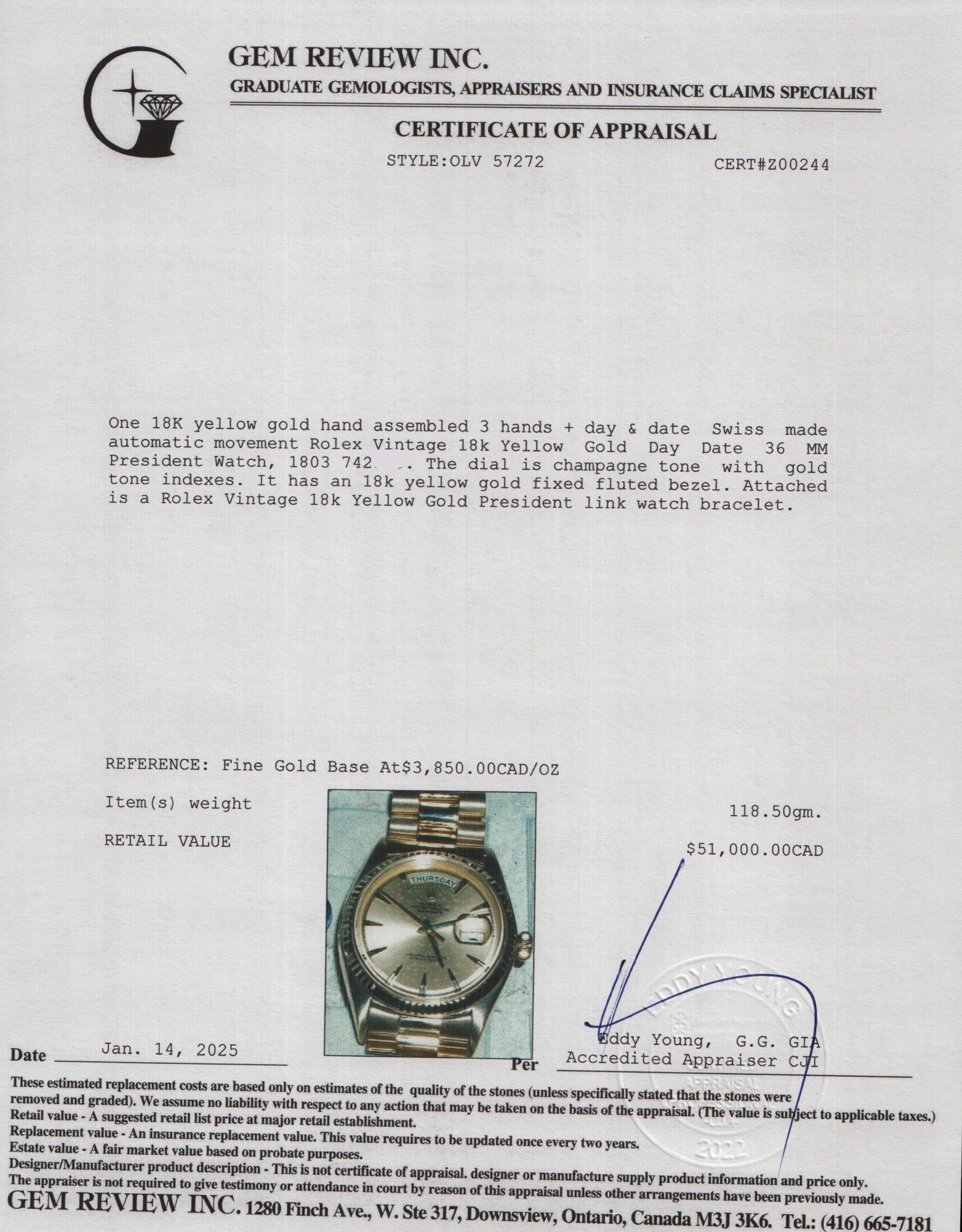 Rolex Vintage 18k Yellow Gold Day Date 36 MM President Watch 1803 w/ Box