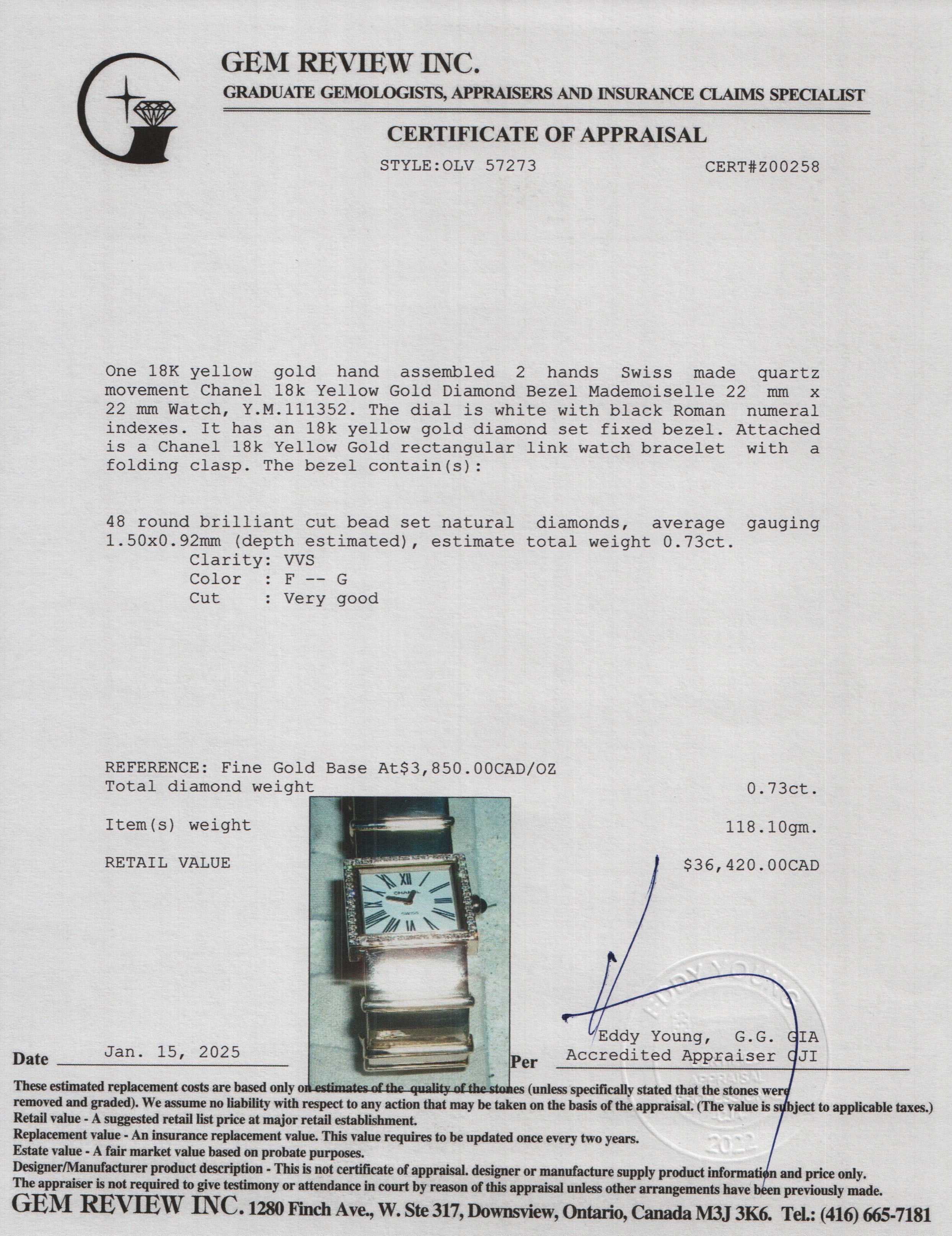 Chanel 18k Yellow Gold Diamond Bezel Mademoiselle Watch