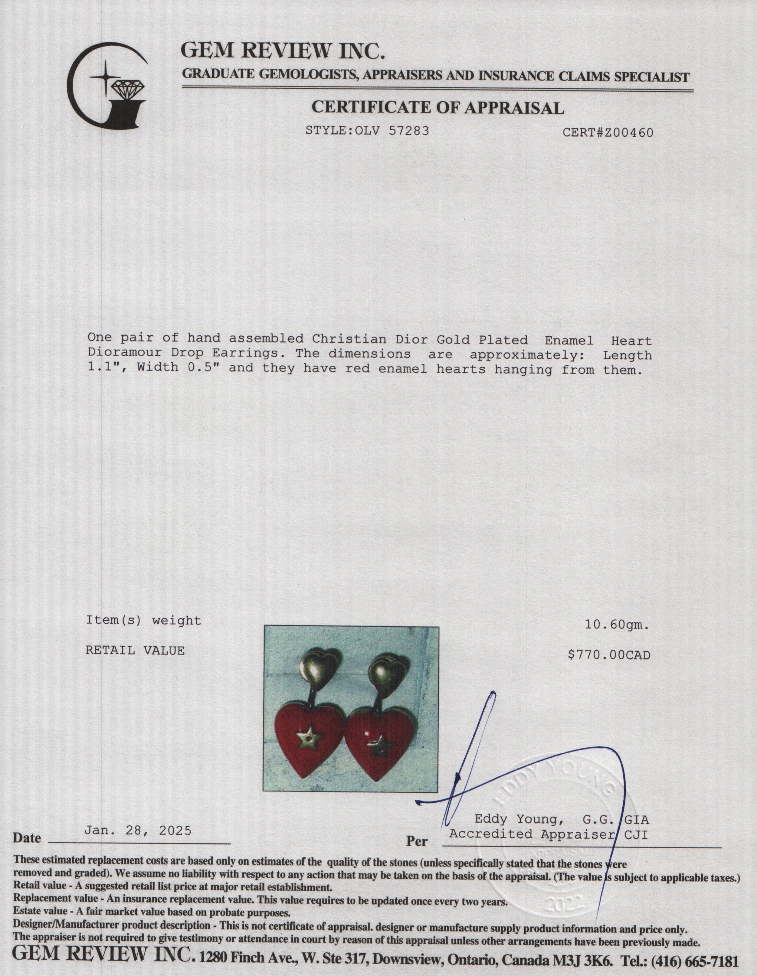 Christian Dior Gold Plated Enamel Heart Dioramour Drop Earrings