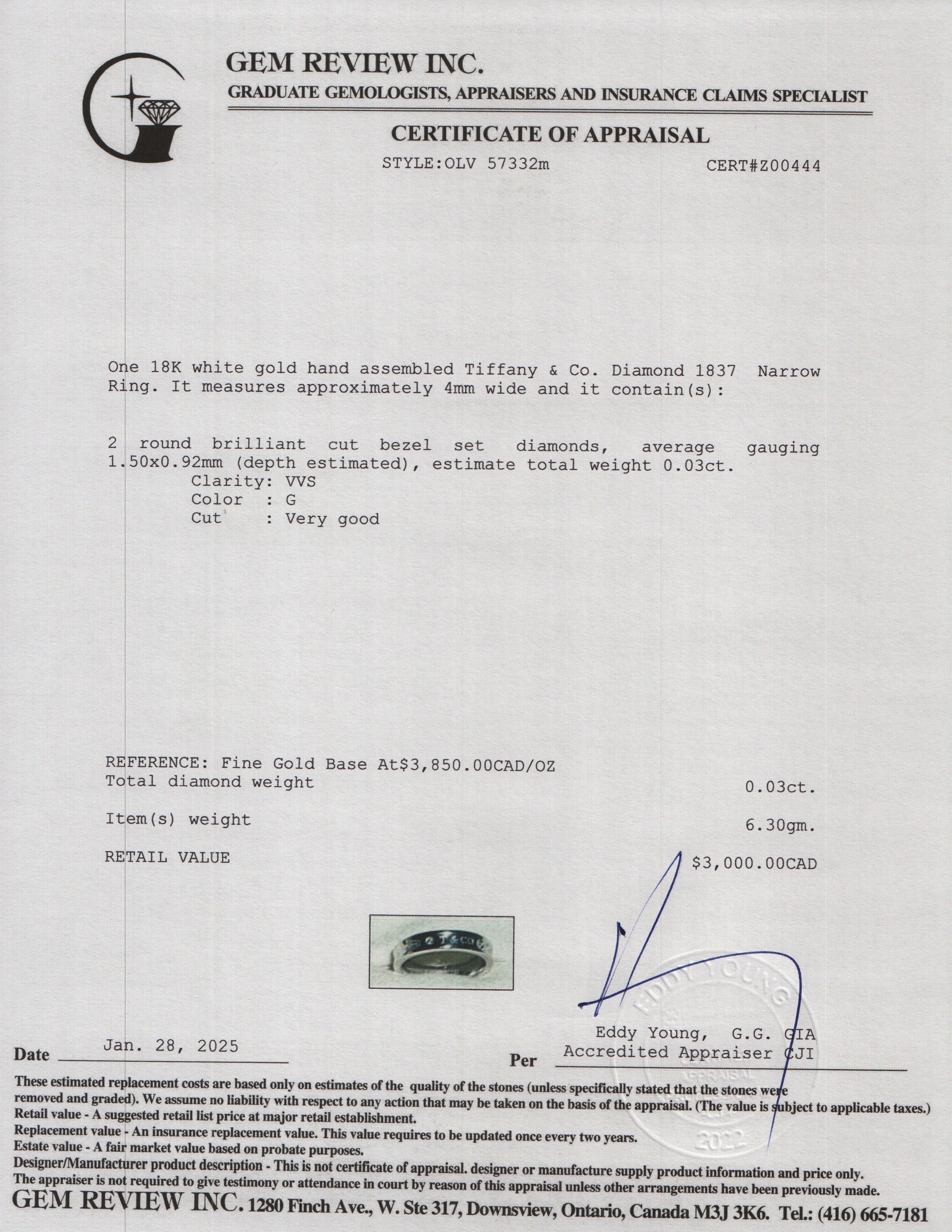 Tiffany & Co. 18k White Gold Diamond 1837 Narrow Ring, Size 6