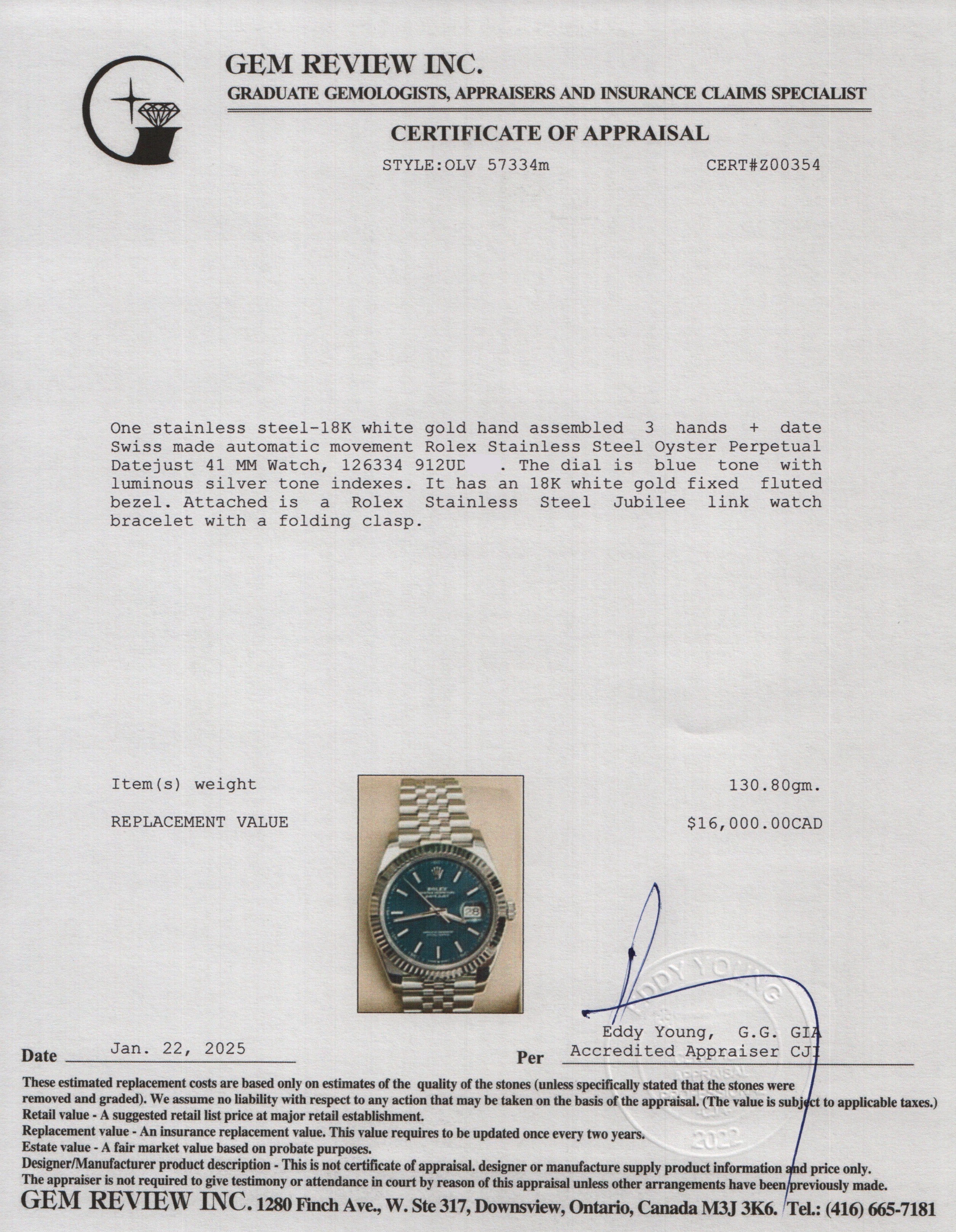 Rolex Stainless Steel Oyster Perpetual Datejust 41 MM Watch Blue Dial 126334 w/ Box & Papers