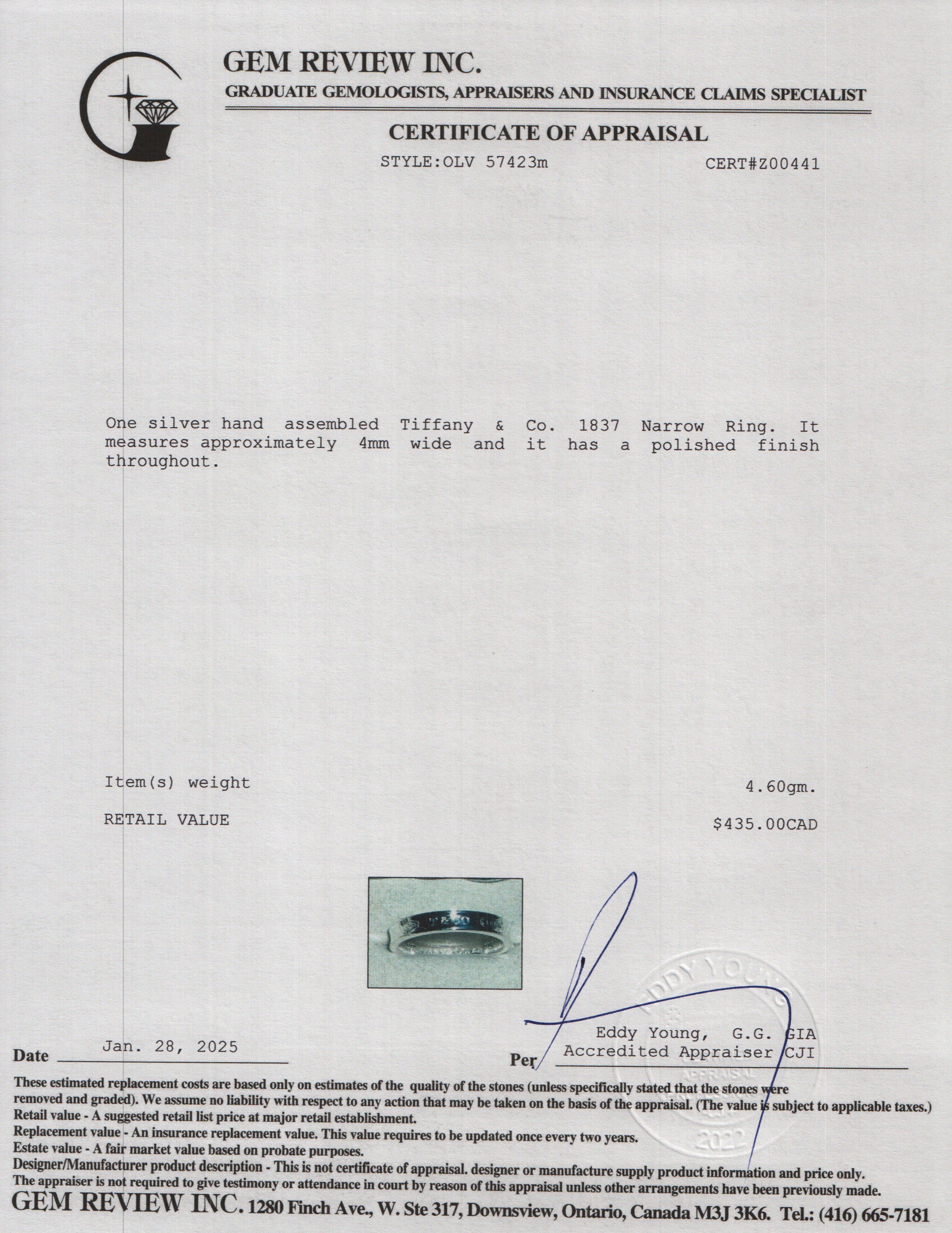 Tiffany & Co. Sterling Silver 1837 Narrow Ring, Size 10