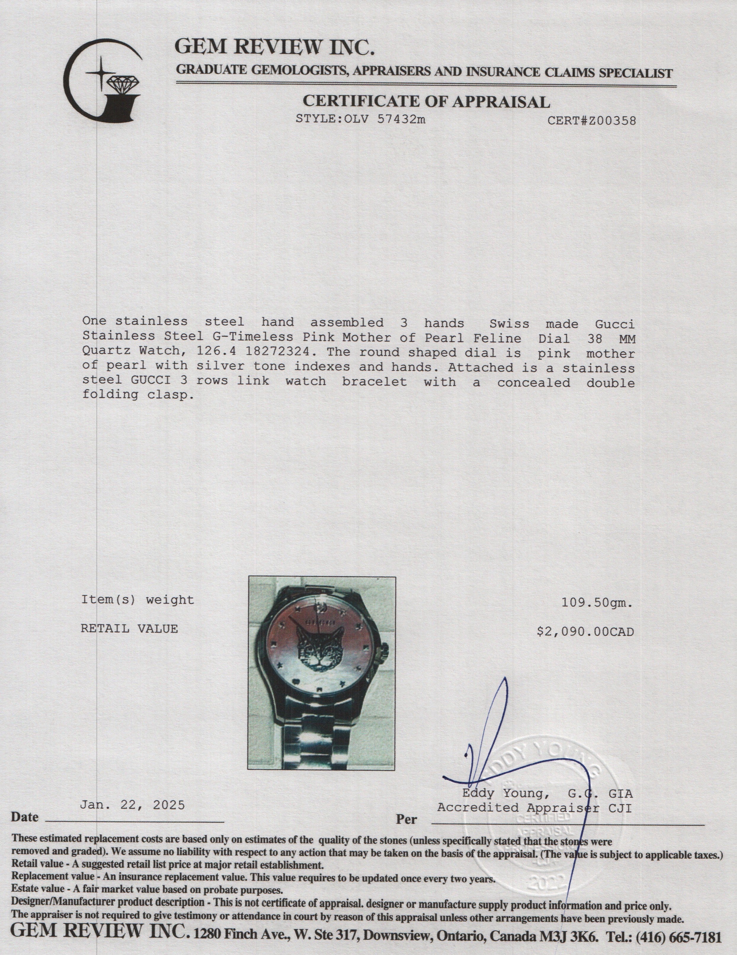 Gucci Stainless Steel G-Timeless Pink Mother of Pearl Feline Dial 38 MM Quartz Watch