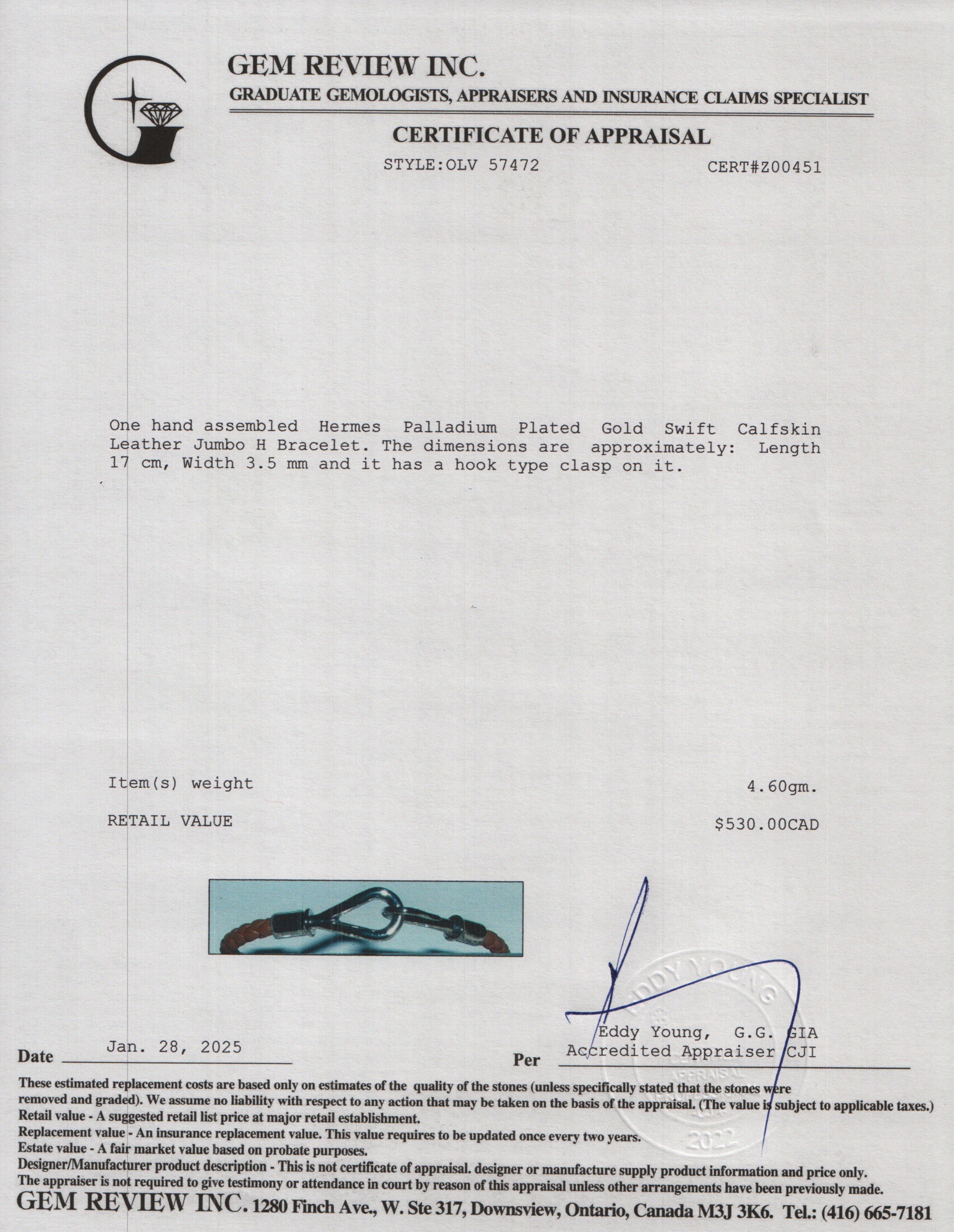 Hermes Palladium Plated Gold Swift Calfskin Leather Jumbo H Bracelet w/ Box