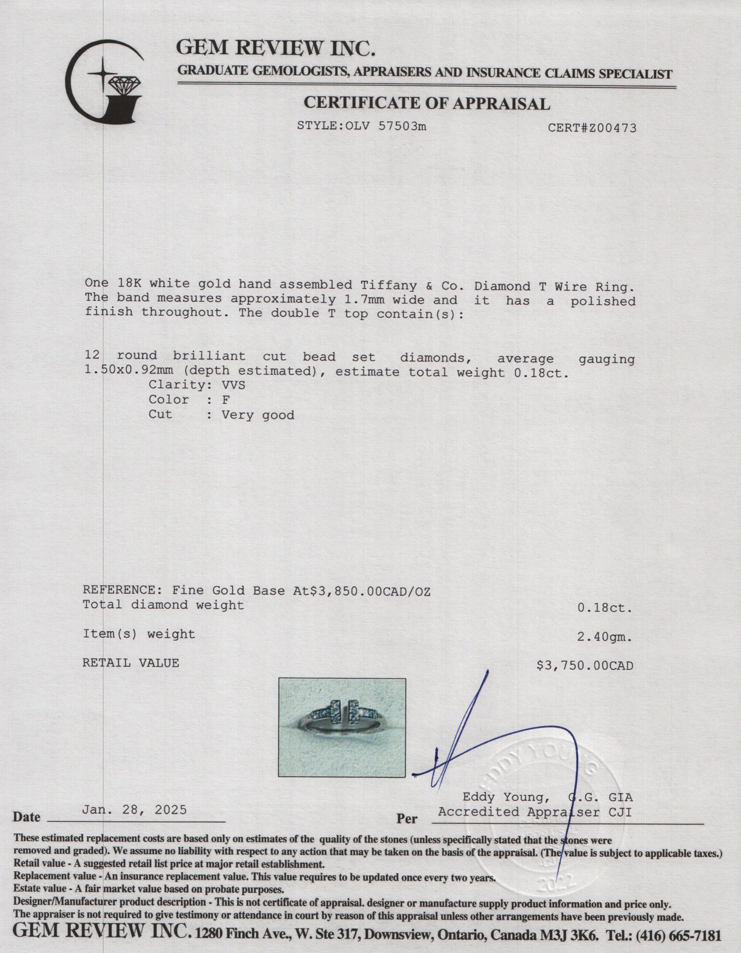 Tiffany & Co. 18k White Gold Diamond T Wire Ring, Size 4