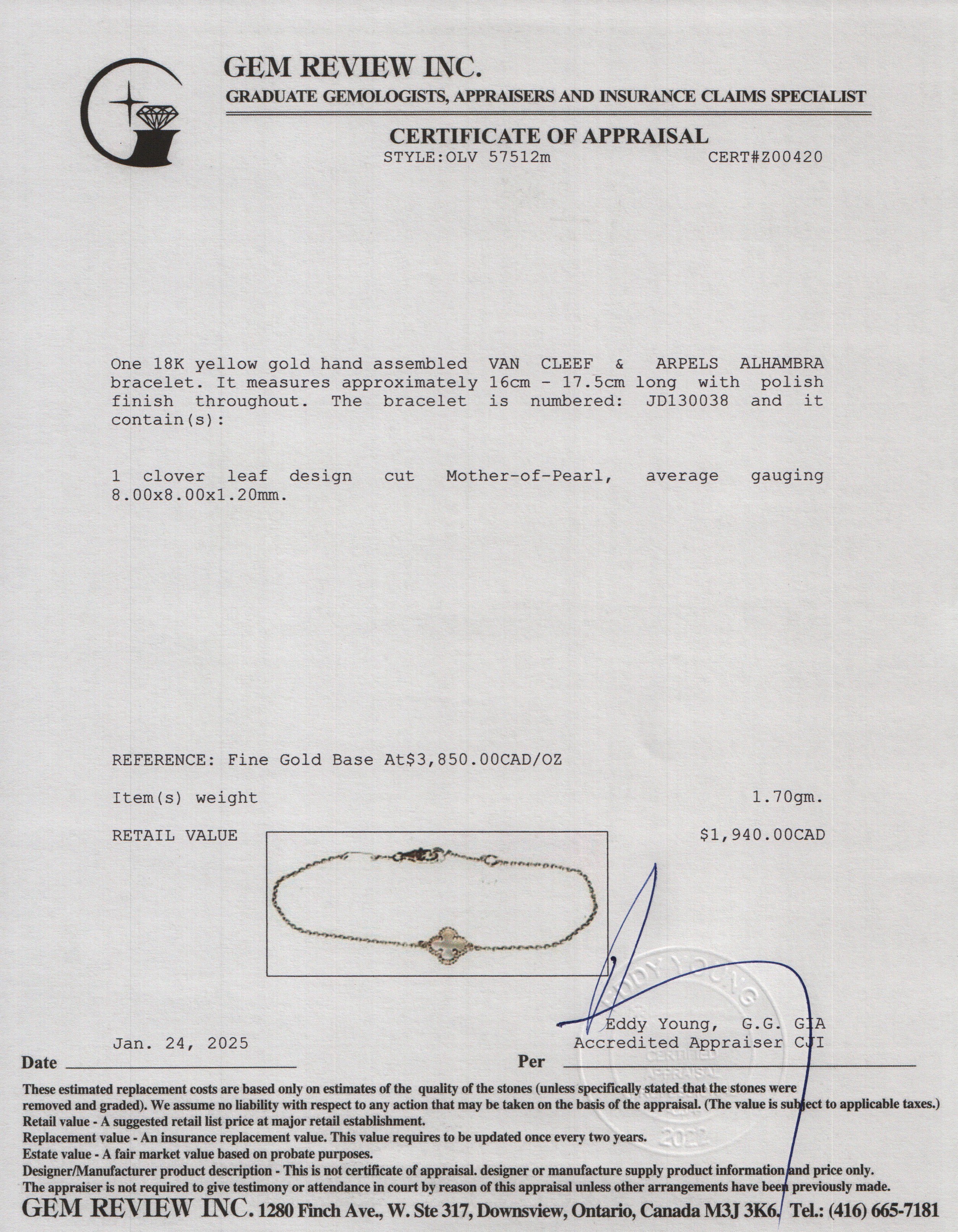 Van Cleef & Arpels 2022 18k Yellow Gold Sweet Alhambra 1 Motif Mother of Pearl Bracelet w/ Box & Certificate