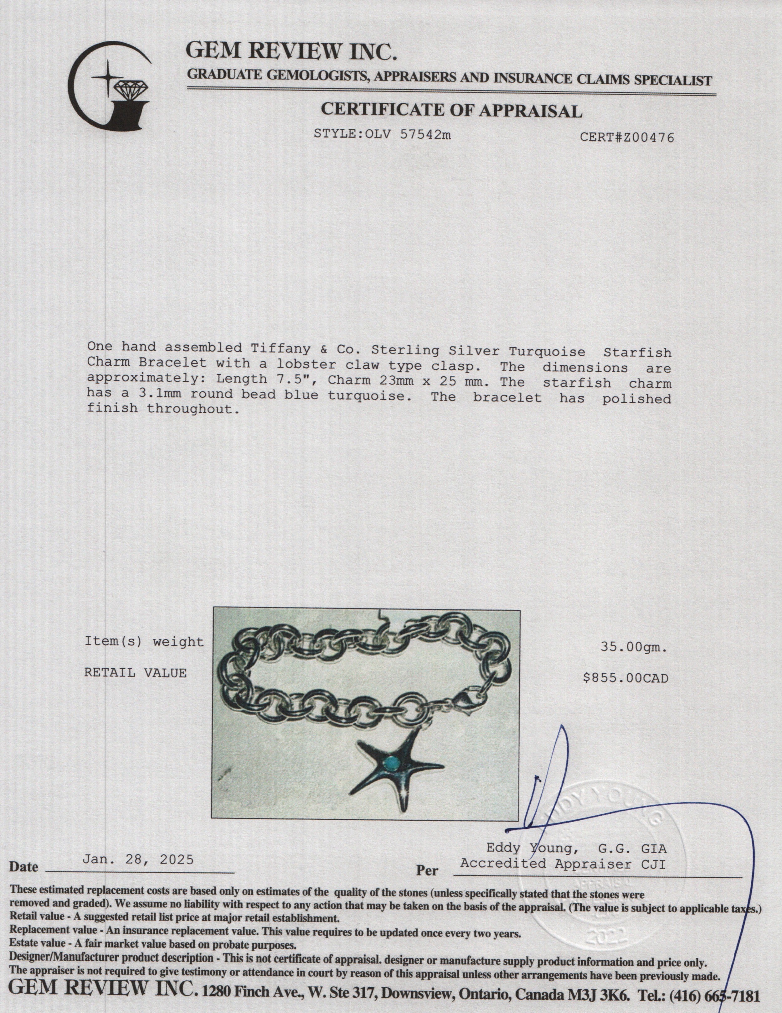 Tiffany & Co. Sterling Silver Turquoise Starfish Charm Bracelet