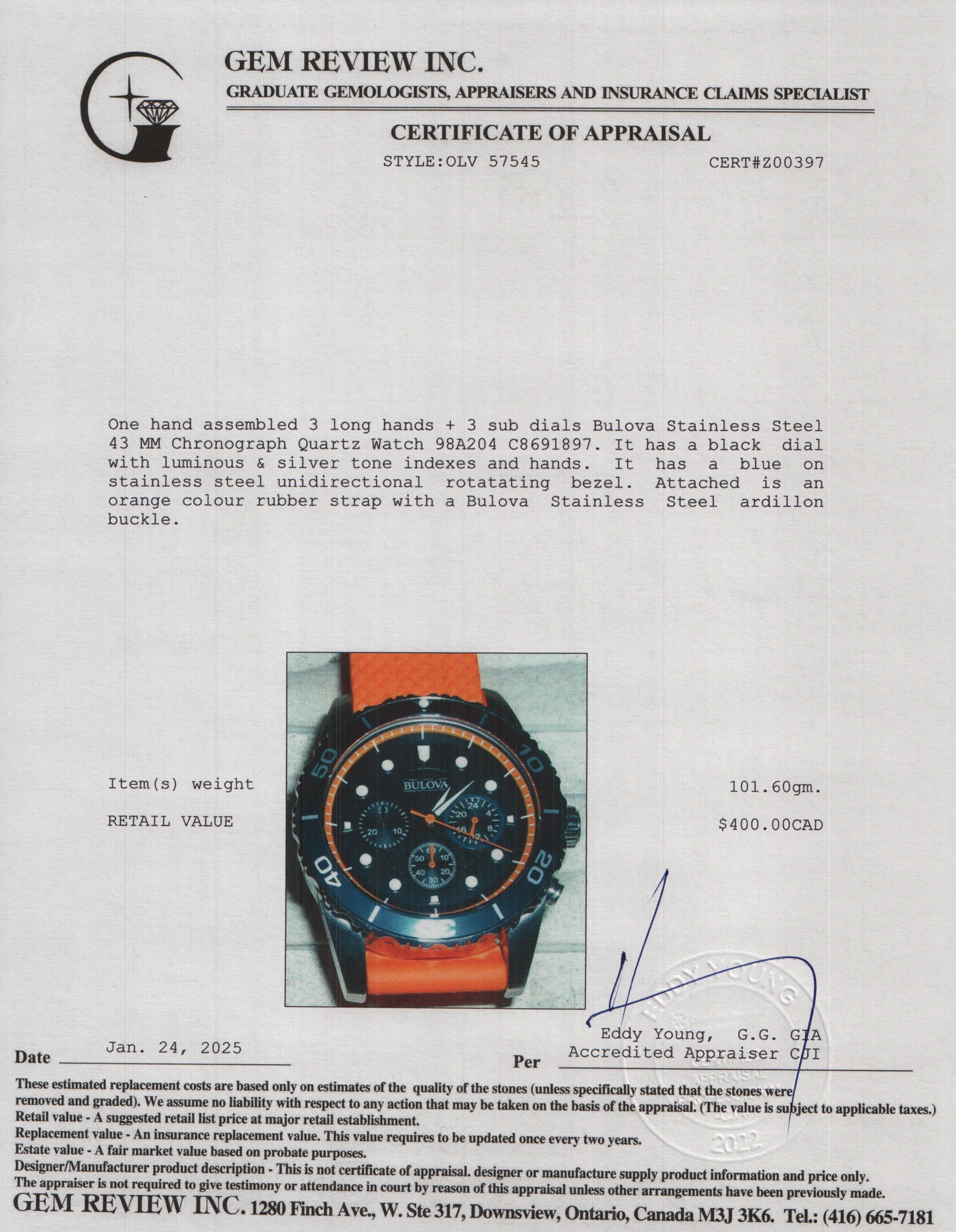 Bulova Stainless Steel 43 MM Chronograph Quartz Watch 98A204