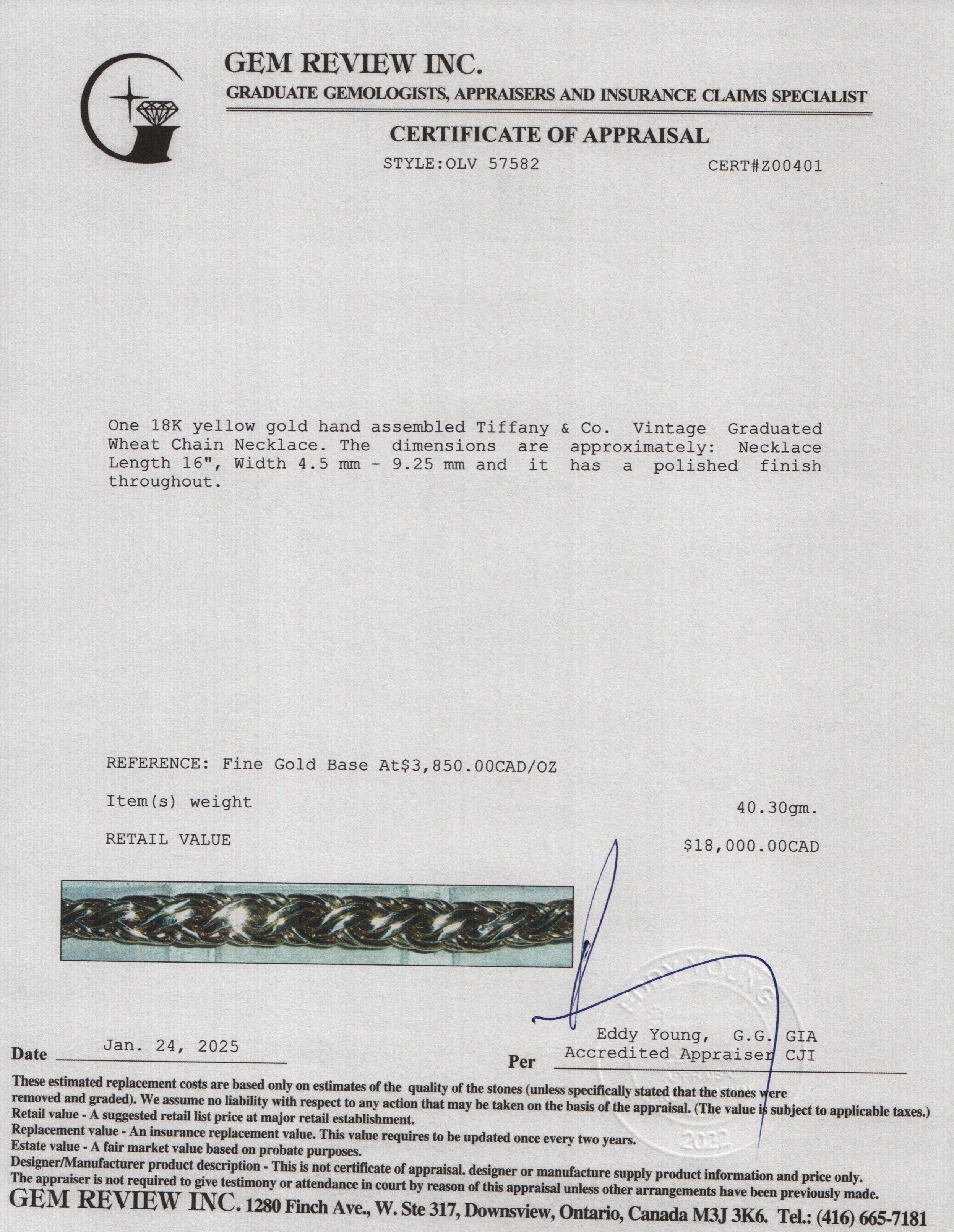 Tiffany & Co. Vintage 18k Yellow Gold Graduated Wheat Chain Necklace w/ Box