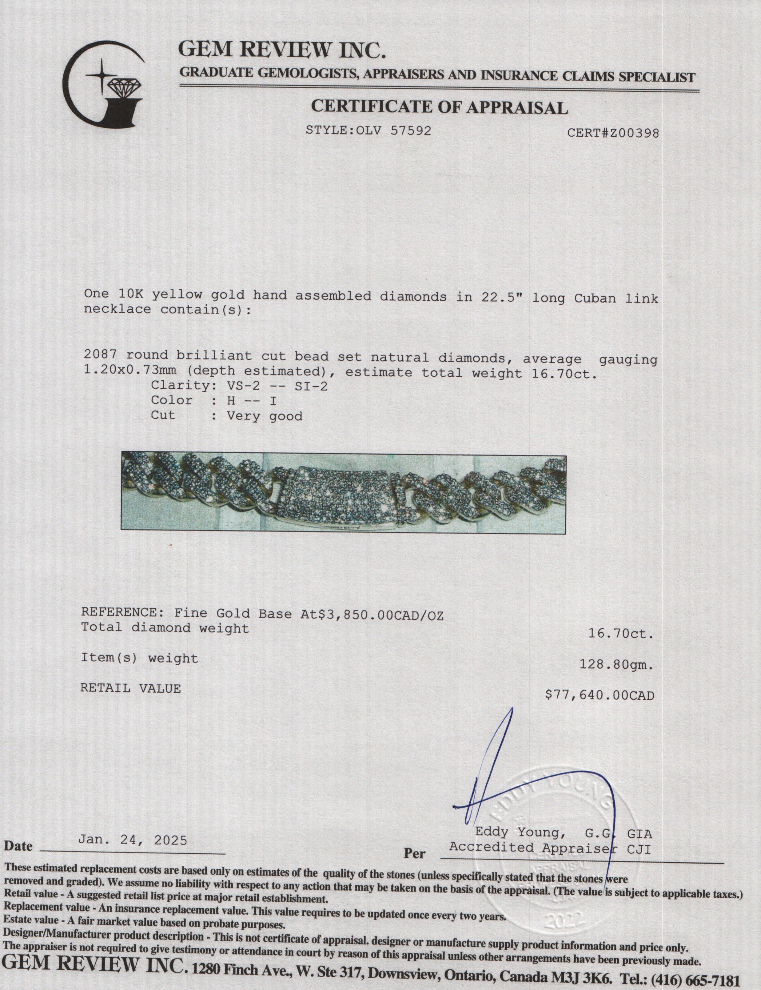 10k Yellow Gold 16.70 tcw. Pave Diamond Cuban Link Necklace