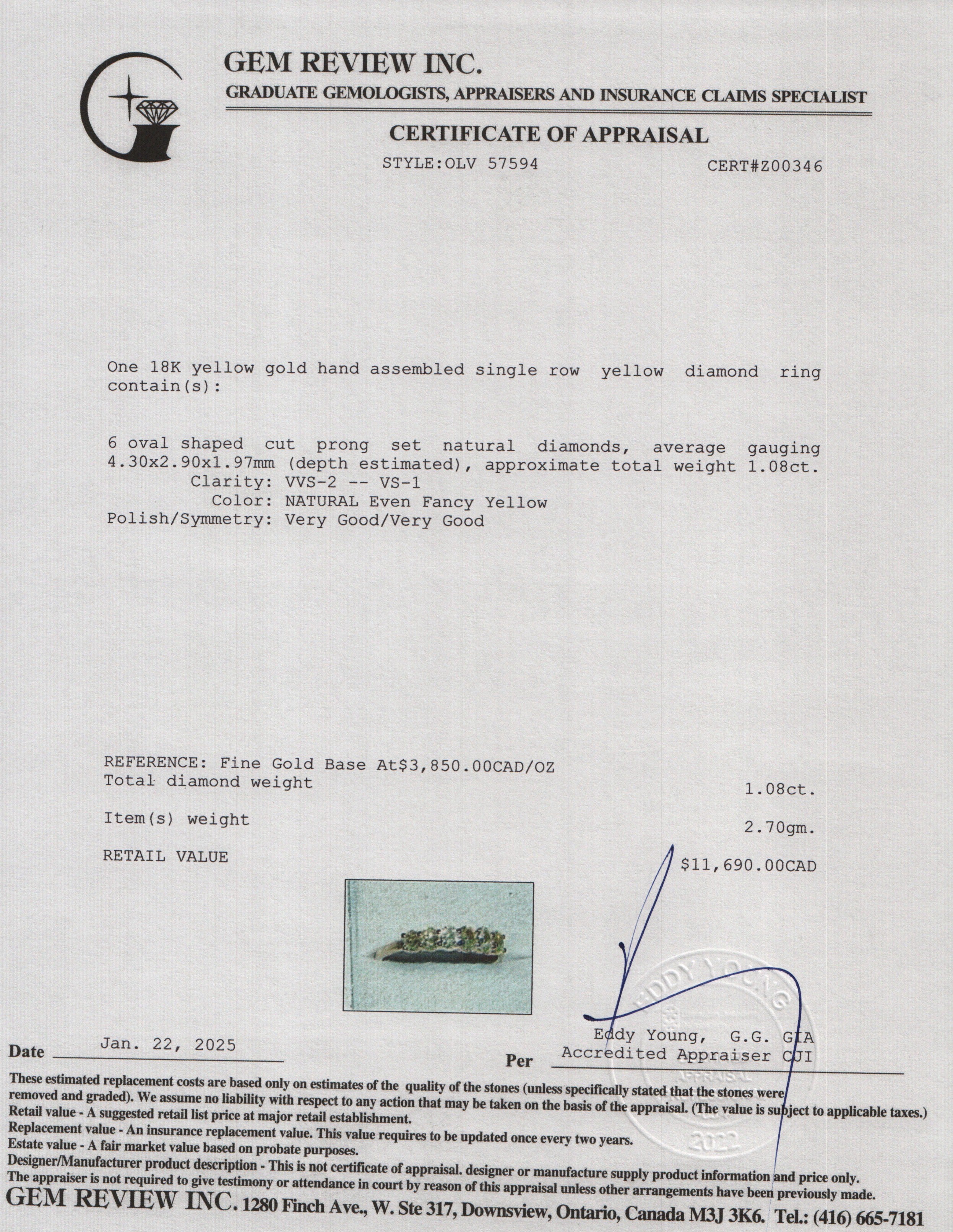 18k Yellow Gold Natural Fancy Yellow Diamond Ring, Size 9.25