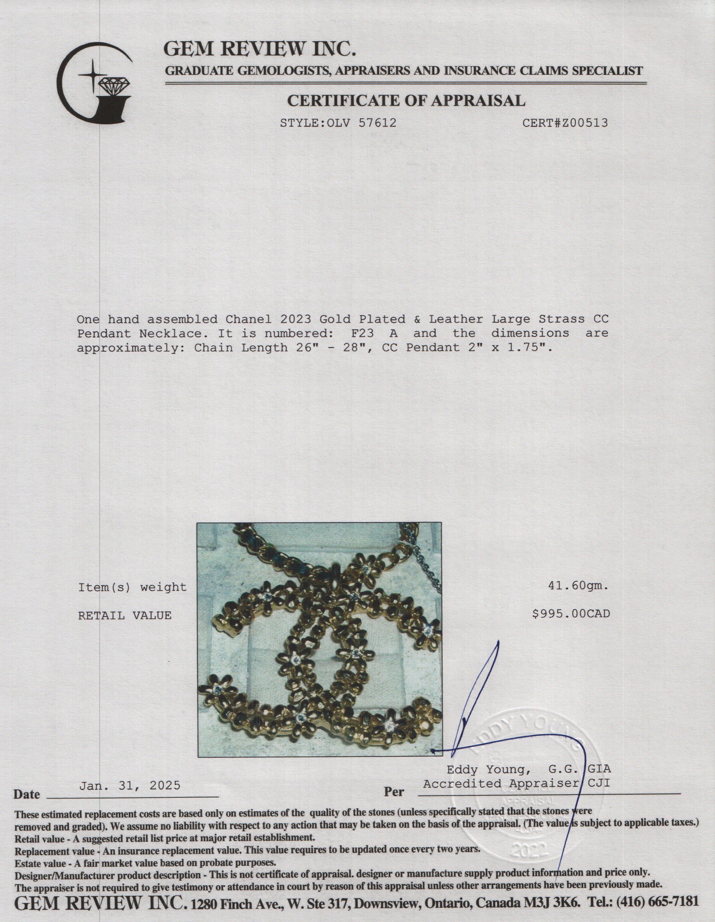 Chanel 2023 Gold Plated & Leather Large Strass CC Pendant Necklace w/ Box