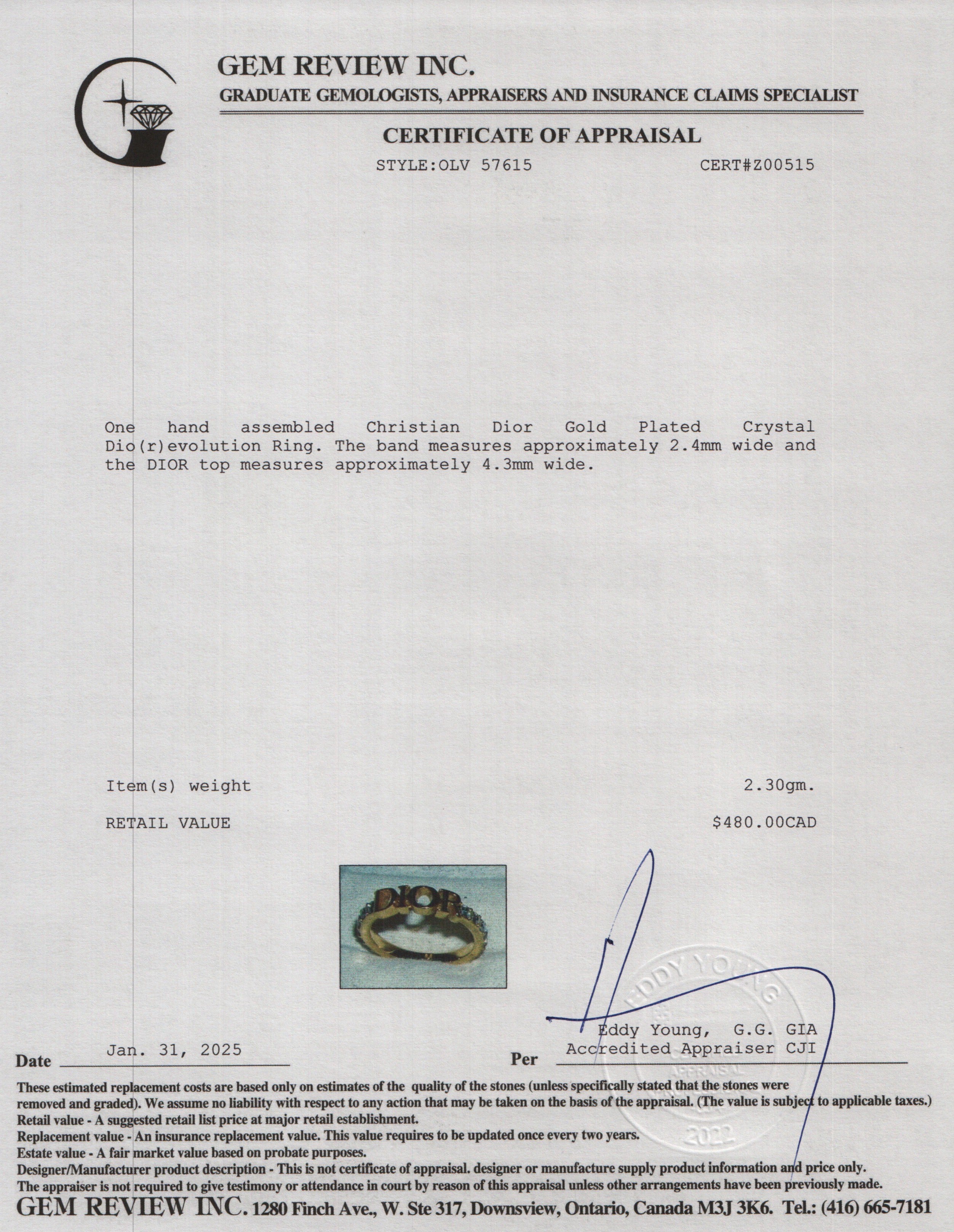 Christian Dior Gold Plated Crystal Dio(r)evolution Ring, Size 6 w/ Box