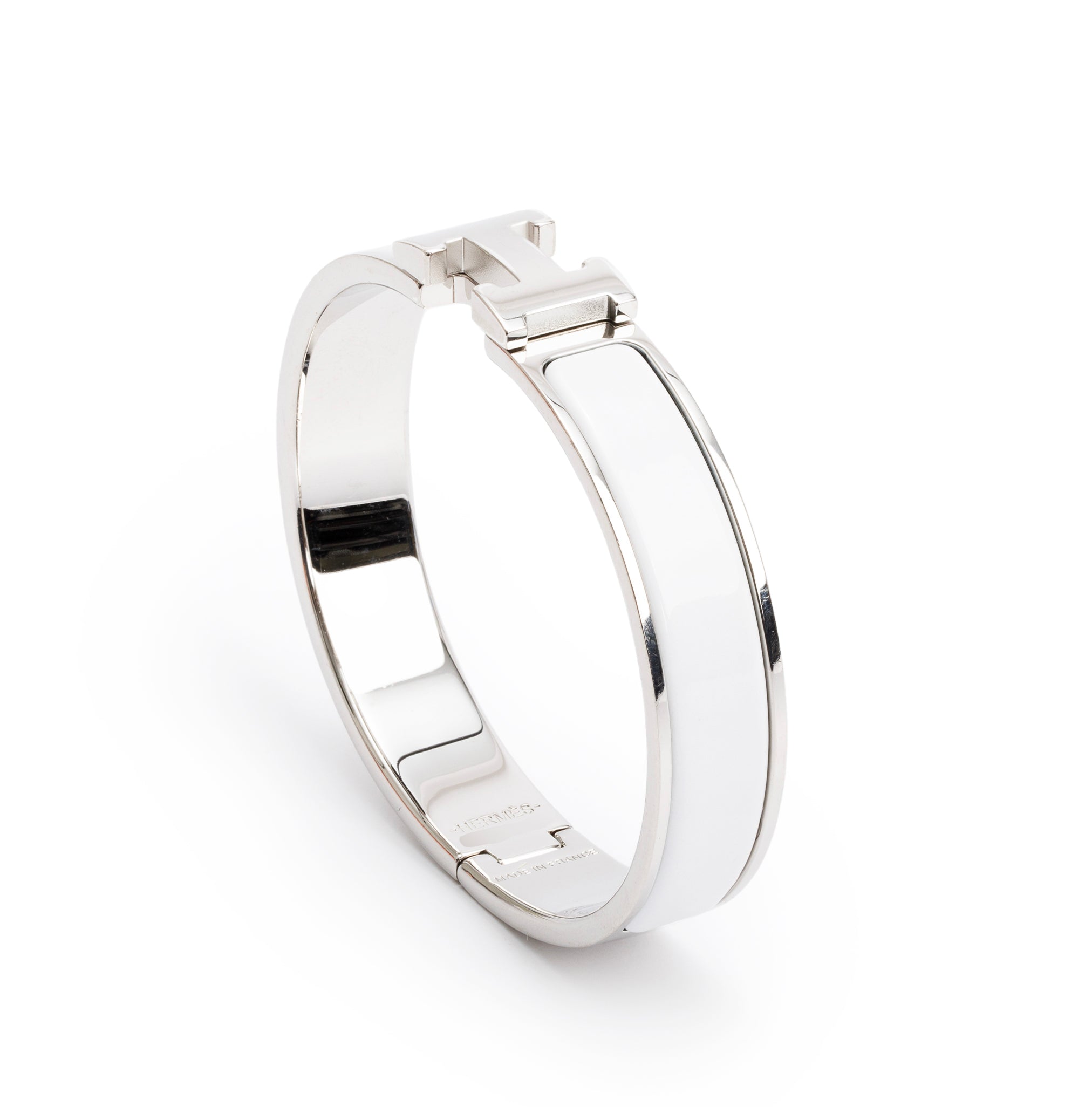 Hermes Palladium Plated White Enamel 12 MM Clic H Bracelet w/ Box