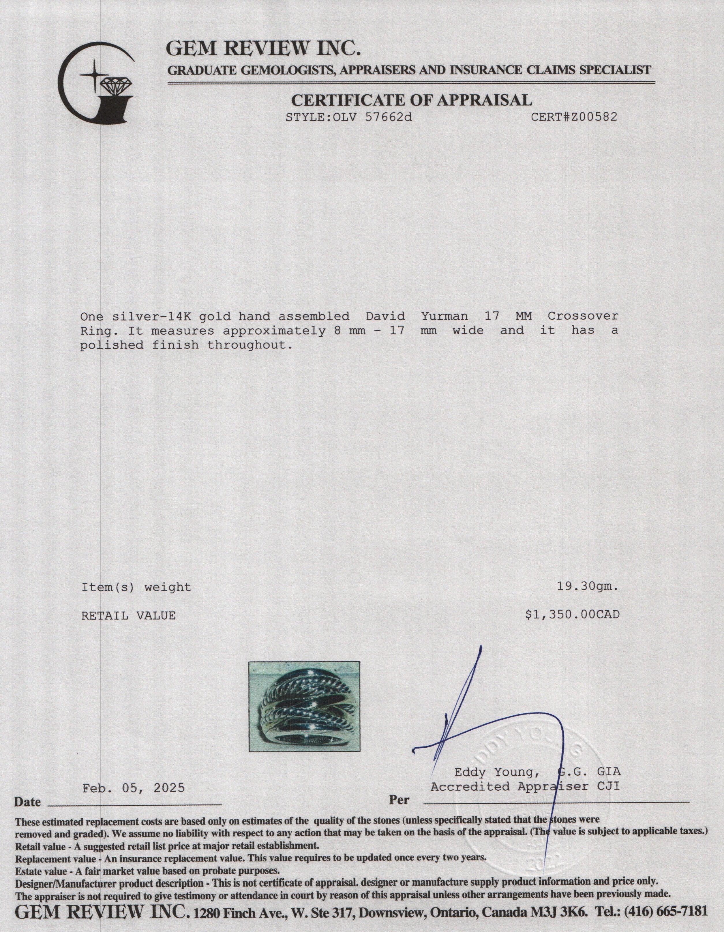 David Yurman Sterling Silver & 14k Yellow Gold 17 MM Crossover Ring, Size 6.5