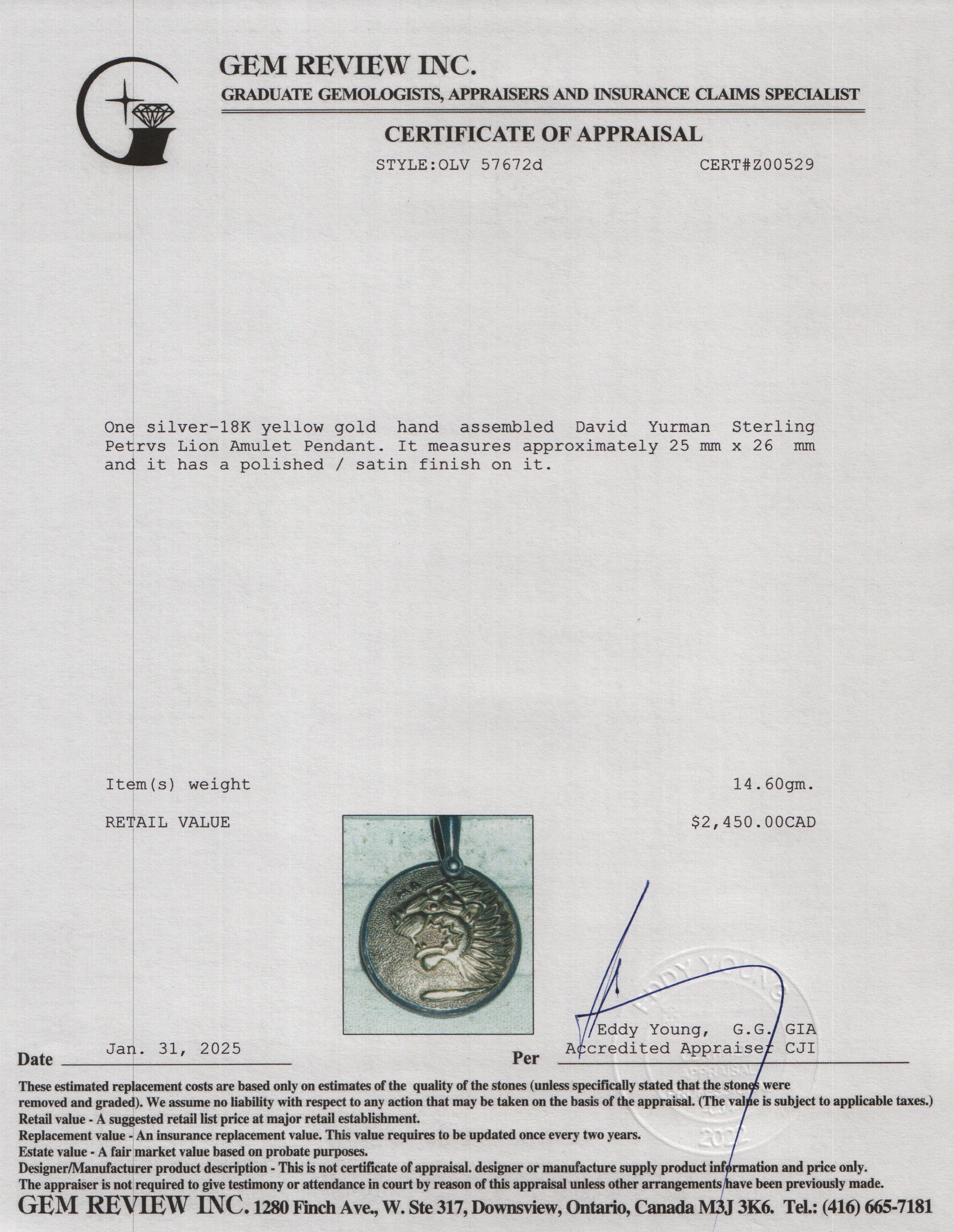 David Yurman Sterling Silver & 18k Yellow Gold Petrvs Lion Amulet Pendant