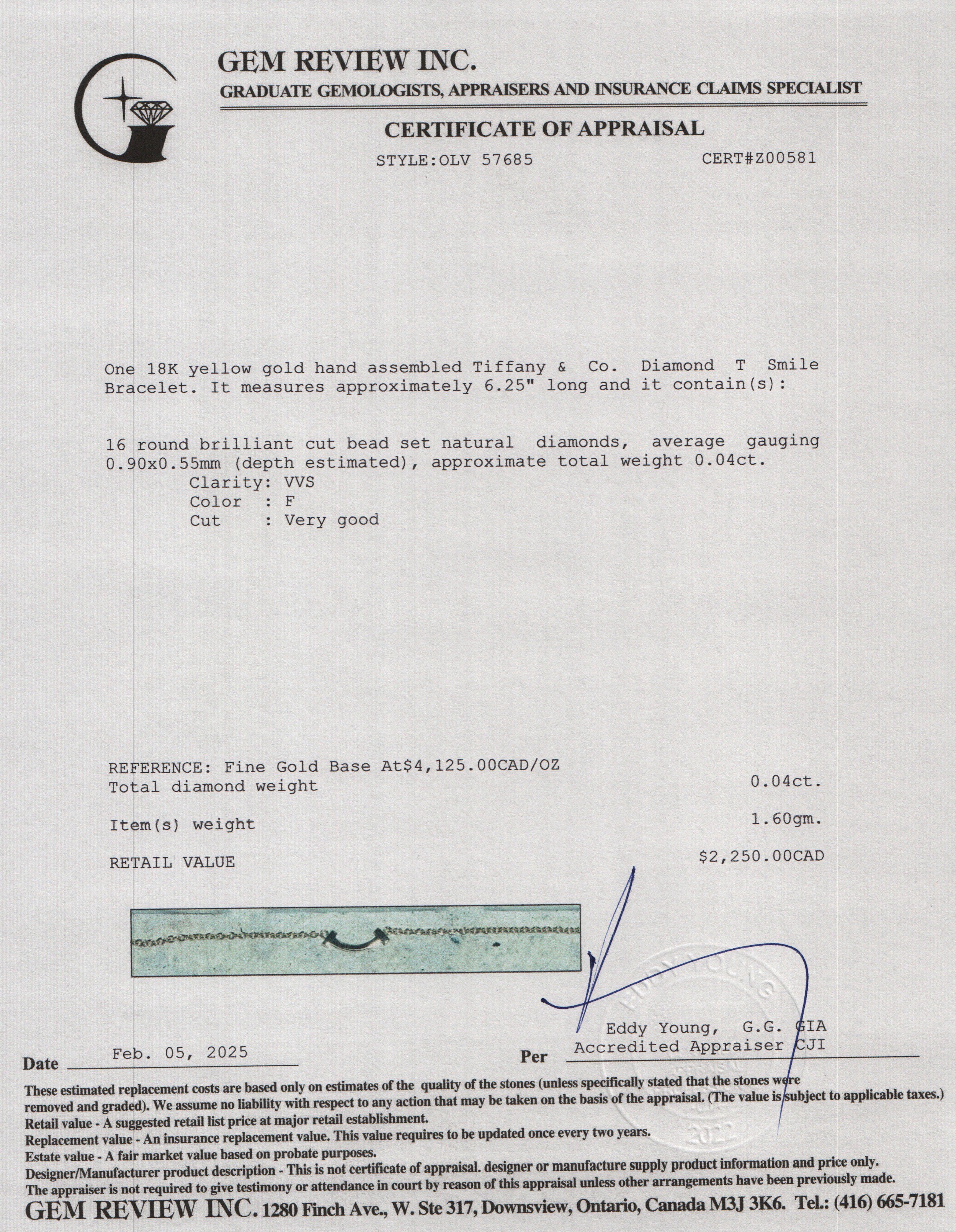 Tiffany & Co. 18k Yellow Gold Diamond T Smile Bracelet w/ Box