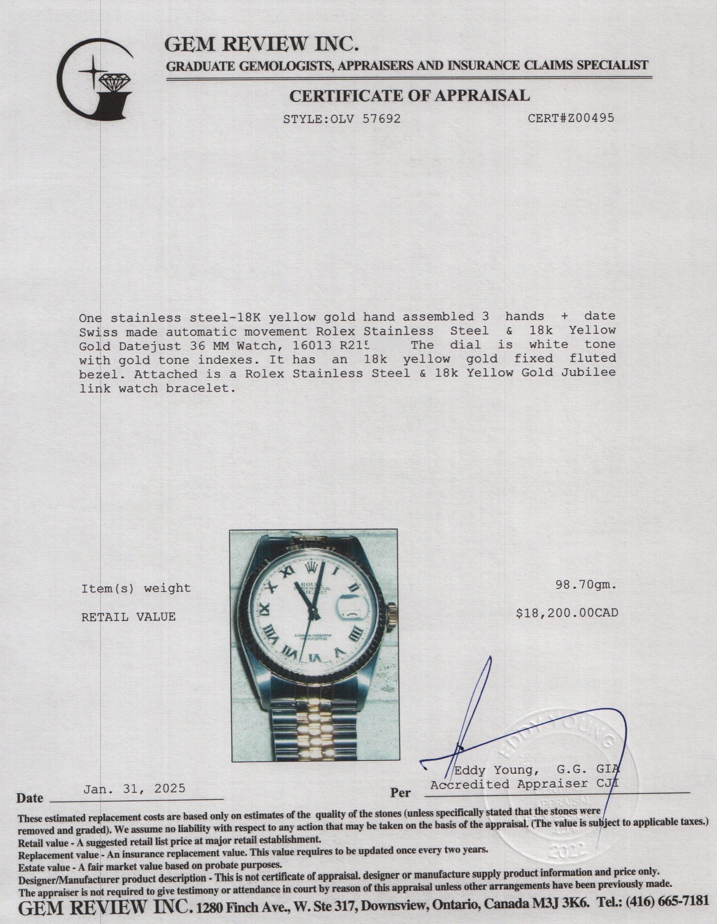 Rolex Stainless Steel & 18k Yellow Gold Datejust 36 MM Watch White Roman Numeral Dial 16013 w/ Box & Papers