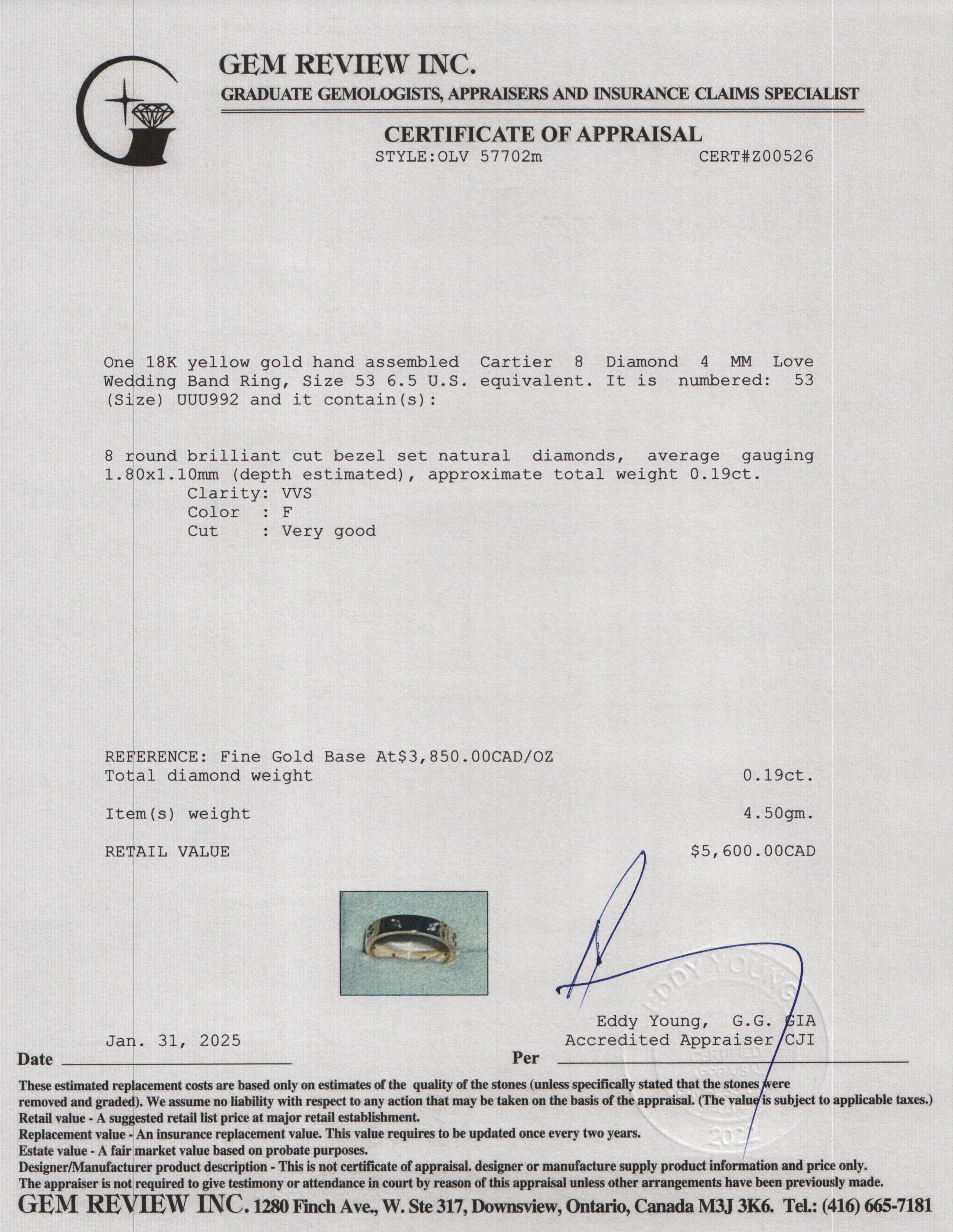 Cartier 18k Yellow Gold 8 Diamond 4 MM Love Wedding Band Ring, Size 53 6.5 w/ Box