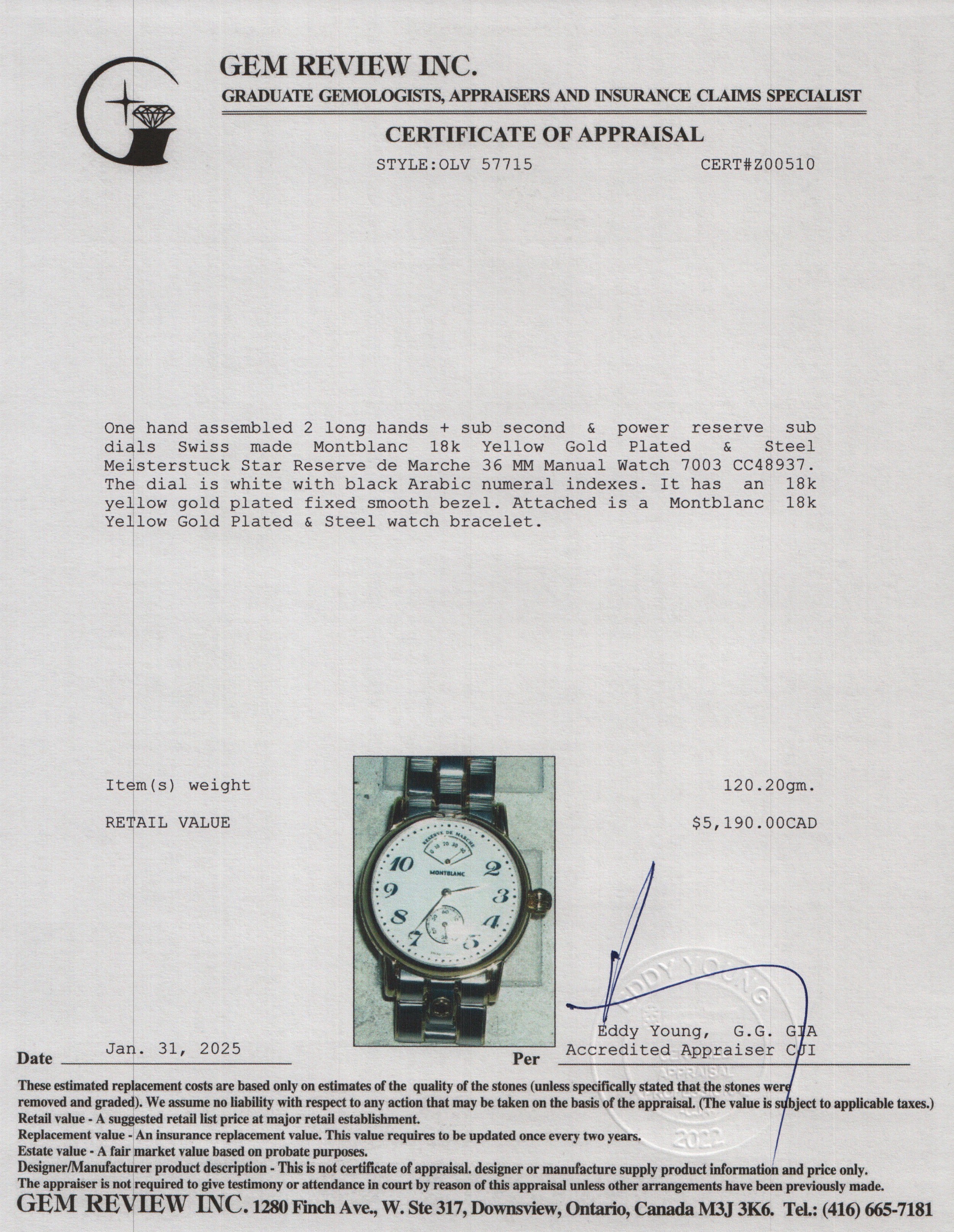 Montblanc 18k Yellow Gold Plated & Stainless Steel Meisterstuck Star Reserve de Marche 36 MM Manual Watch 7003