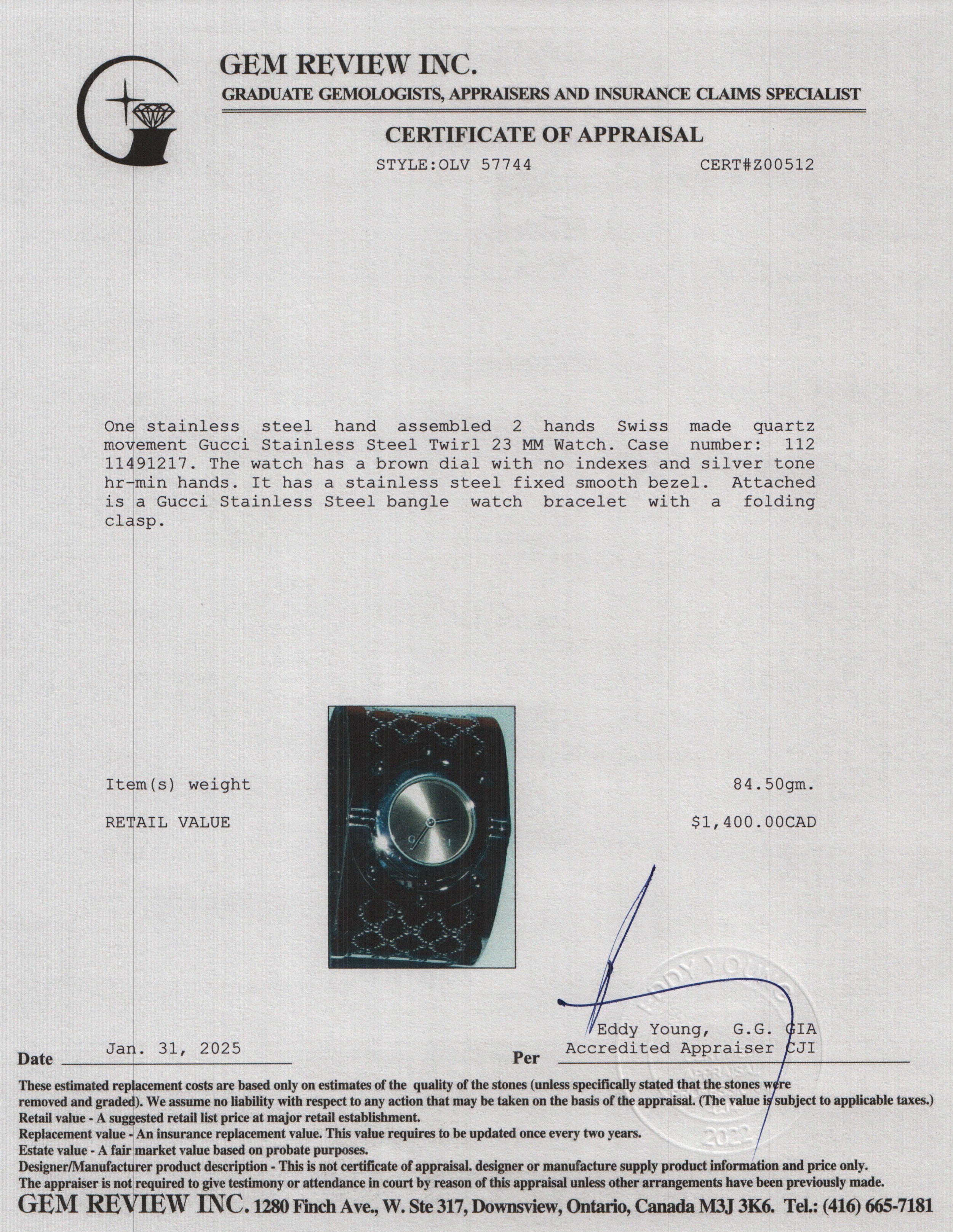 Gucci Stainless Steel Twirl Watch w/ Box & Papers