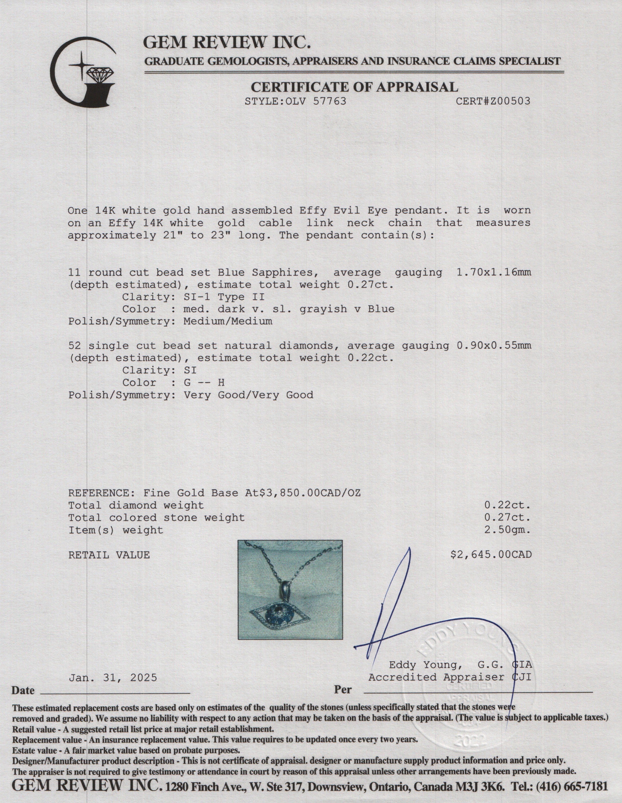 Effy 14k White Gold Sapphire & Diamond Evil Eye Pendant Necklace w/ Box