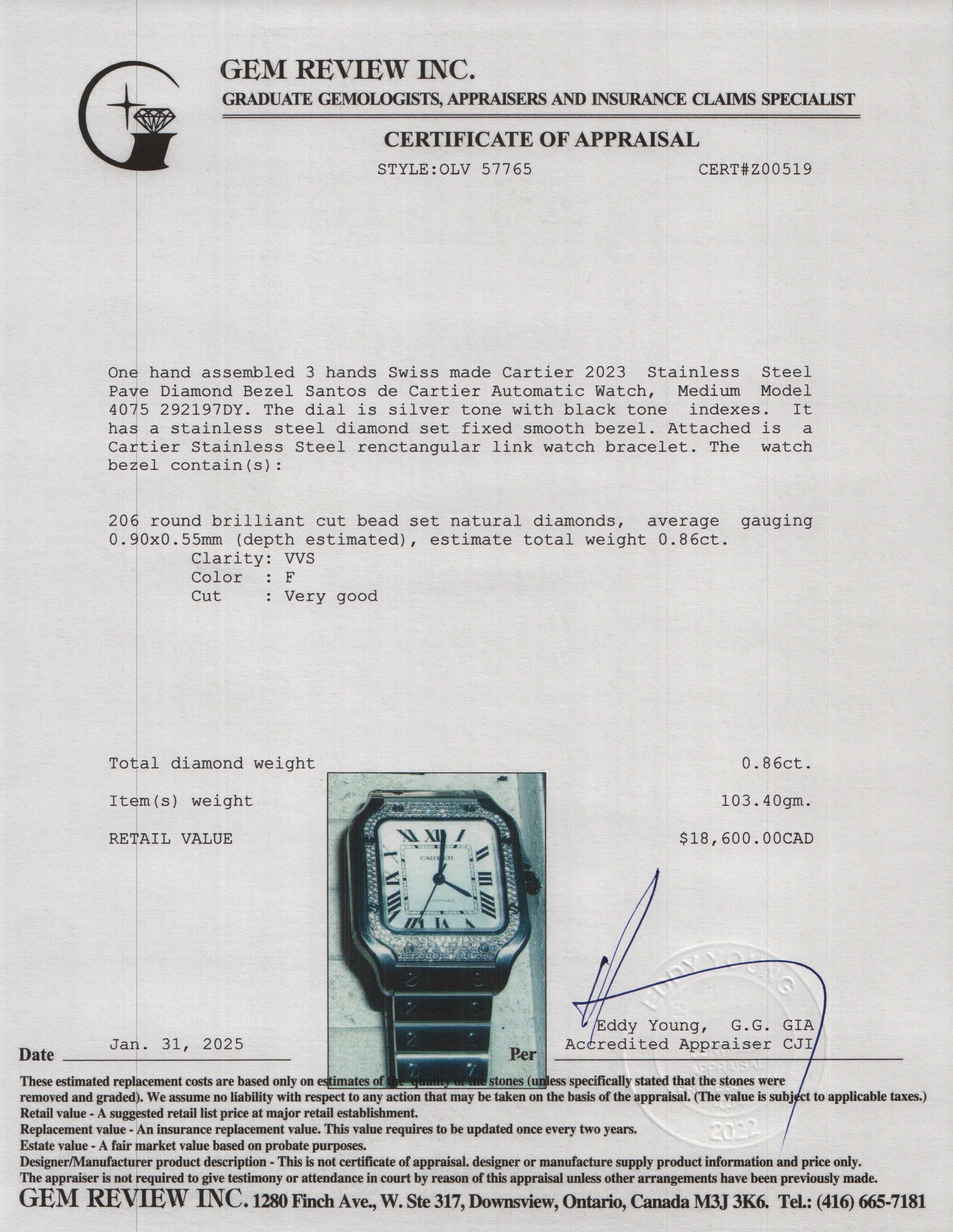 Cartier 2023 Stainless Steel Pave Diamond Bezel Santos de Cartier Automatic Watch, Medium Model 4075 w/ Box & Papers