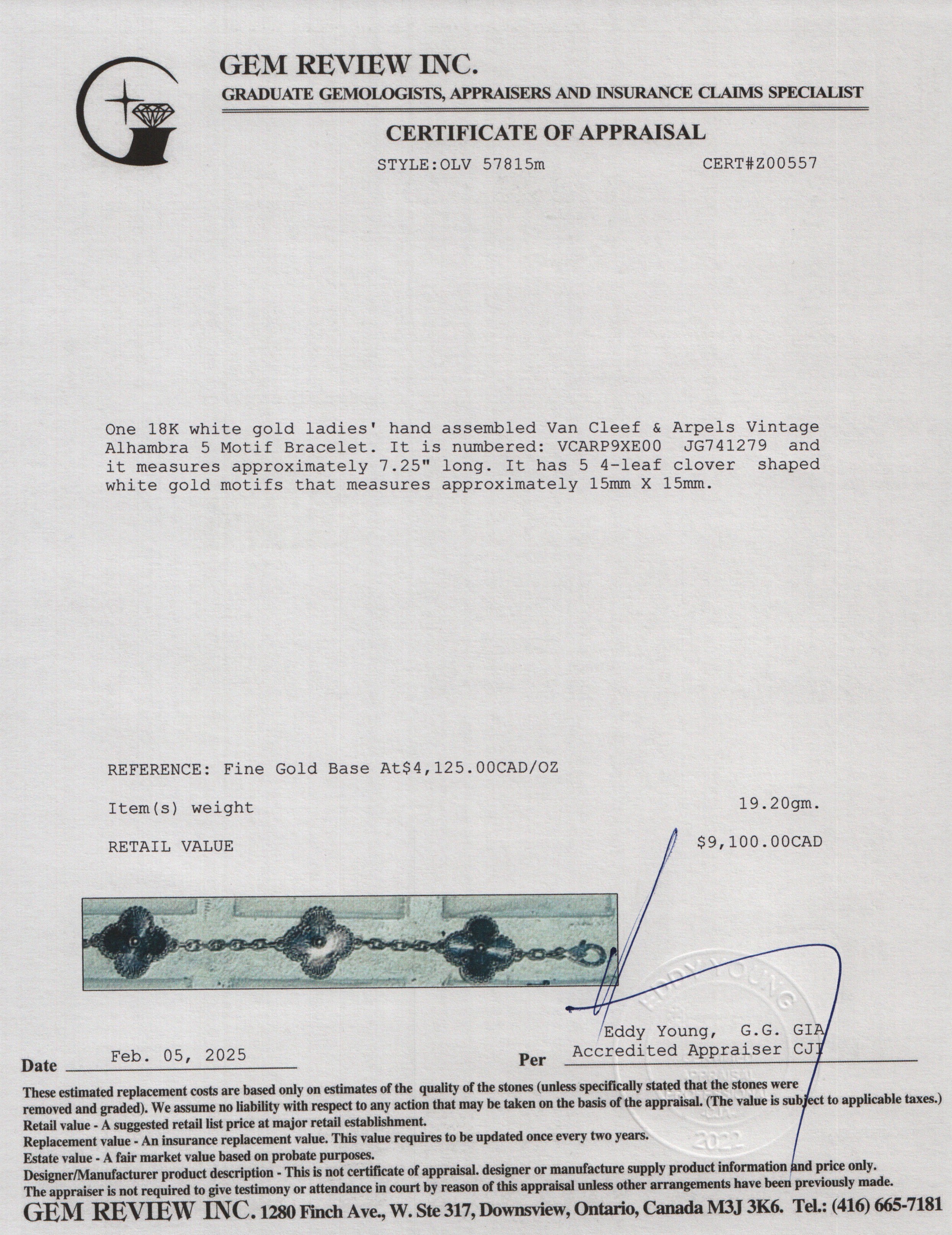 Van Cleef & Arpels 2024 18k White Gold Vintage Alhambra 5 Motif Bracelet w/ Box & Certificate