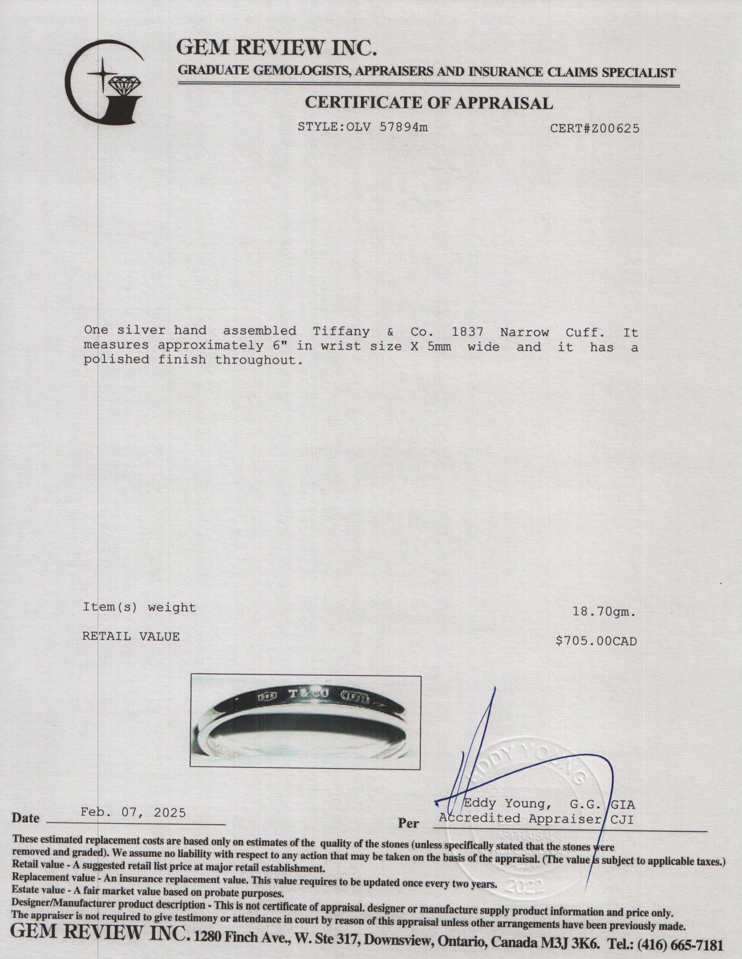 Tiffany & Co. Sterling Silver 1837 Narrow 5 MM Cuff